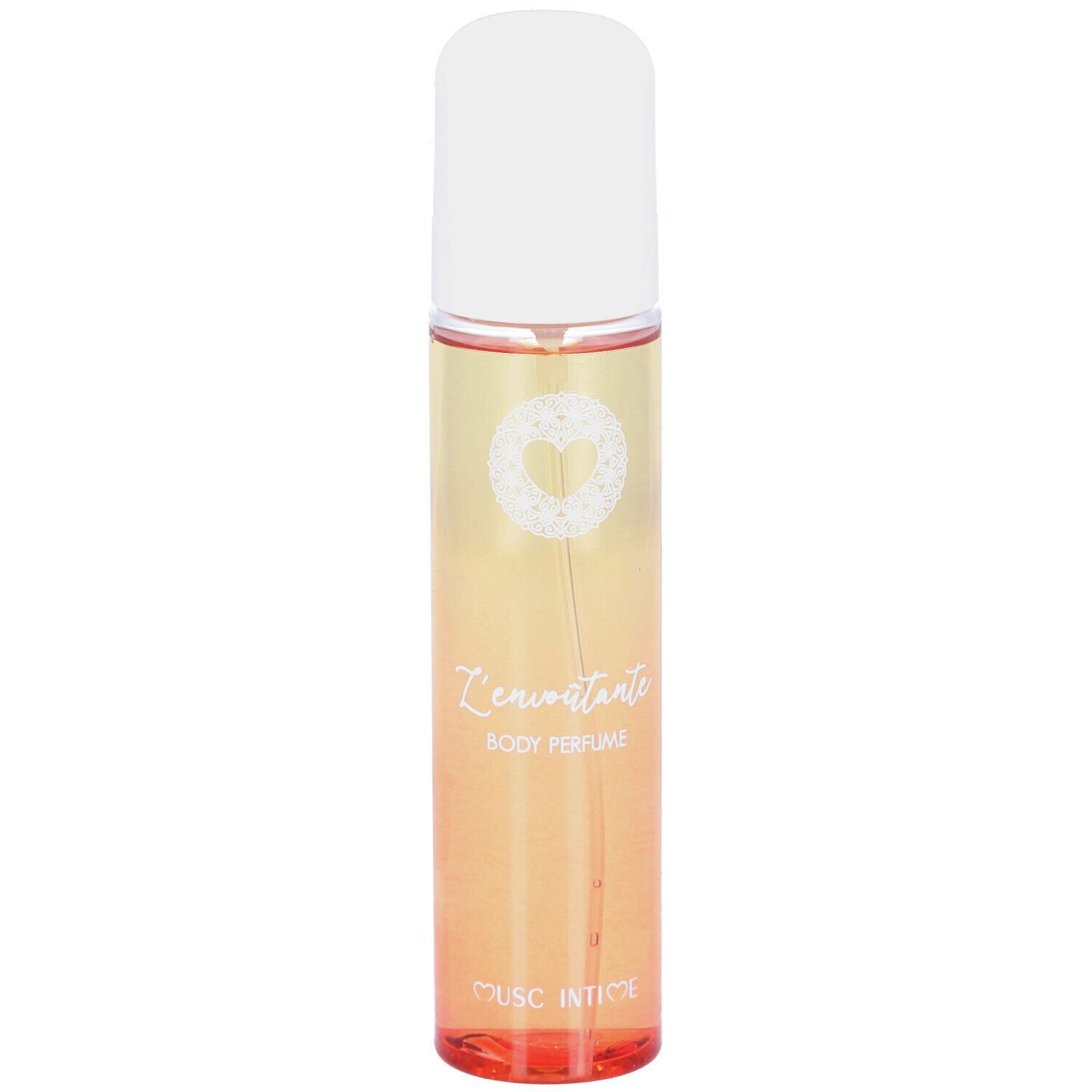 Körperparfum in einem zylindrischen Zerstäuber mit weißem Verschluss. Farbverlauf von Gelb zu Orange.