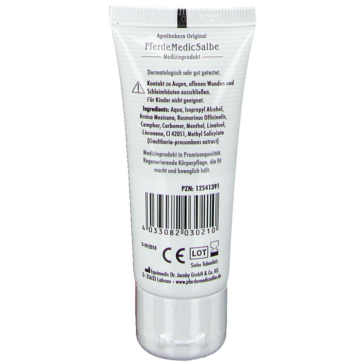 Tube de crème avec texte, Apothekers Original PferdeMedicSalbe. Ingrédients et code-barres visibles. Produit médical.