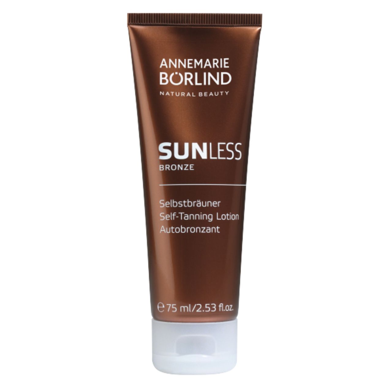 Braune Tube mit weißem Verschluss. Aufschrift: SUNLESS Bronze, Selbstbräuner. 75 ml.