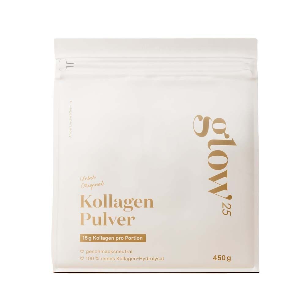 Beutel Glow25 Kollagen Pulver, weiß mit goldfarbenem Schriftzug. 450 g. Aufschrift: 15g Kollagen pro Portion.