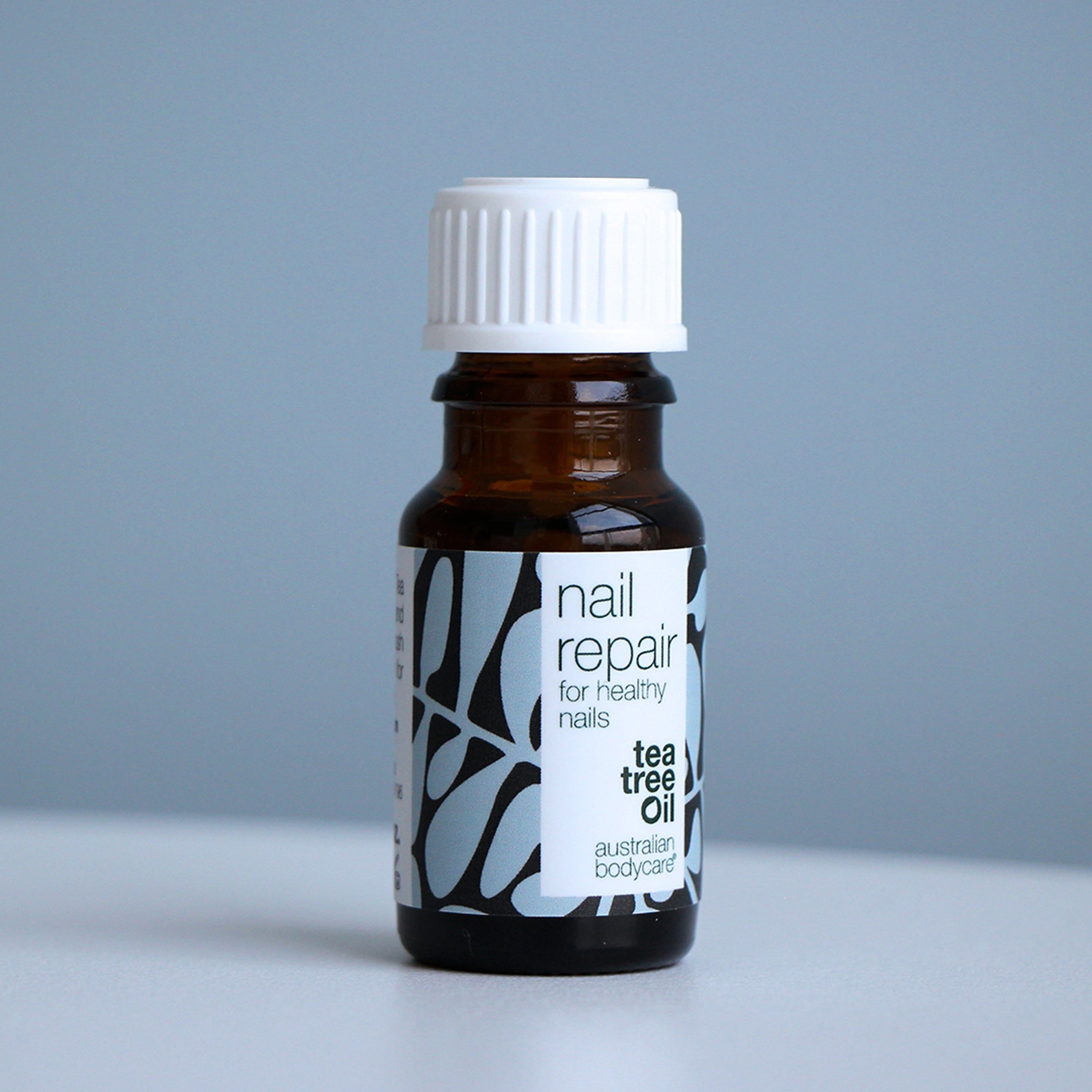 Flacon brun, bouchon blanc. Inscription: nail repair for healthy nails. Marque: Australian Bodycare.