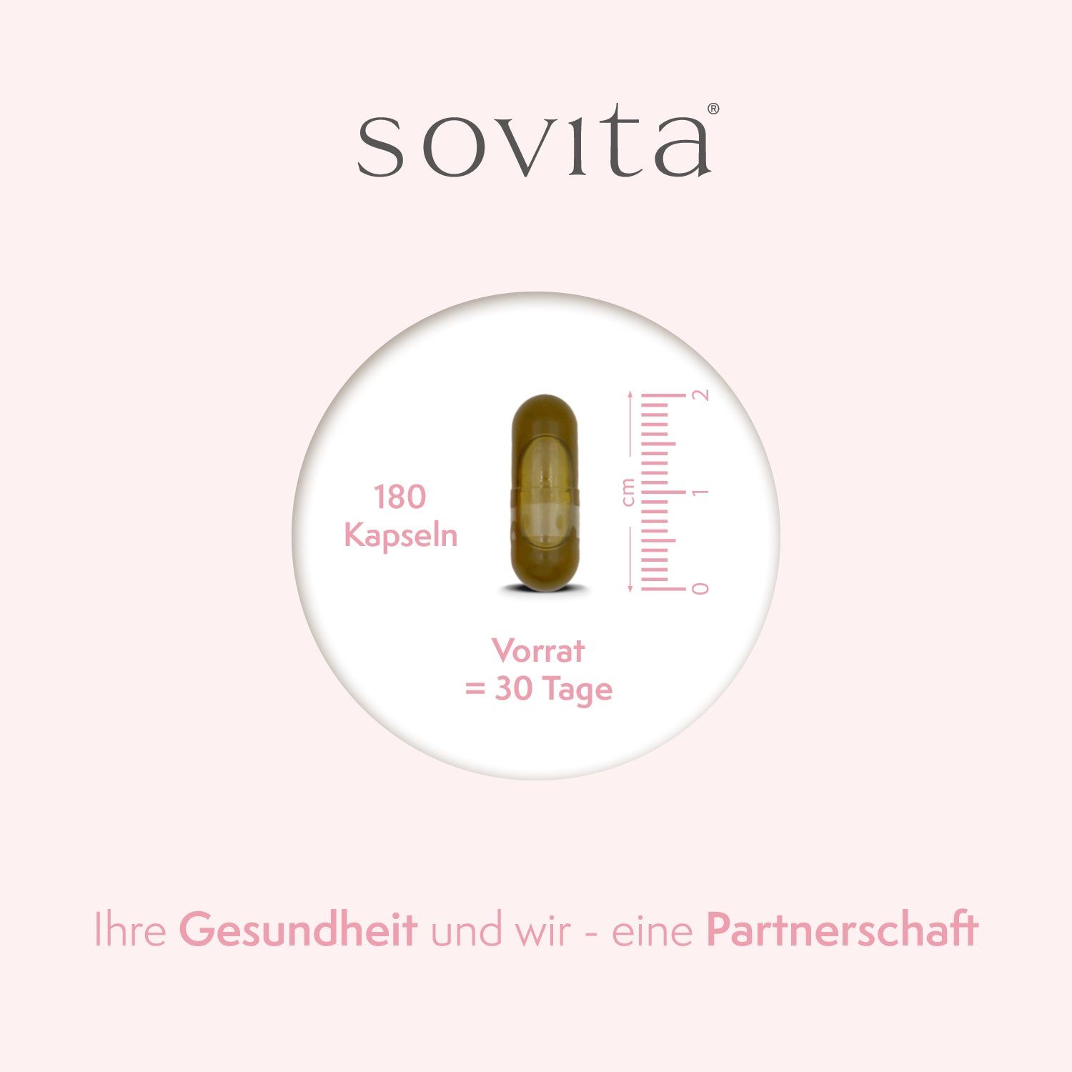 Capsule unique avec échelle. Inscription : 180 gélules, Approvisionnement = 30 jours. Marque : sovita. Texte : Votre santé et nous - un partenariat.