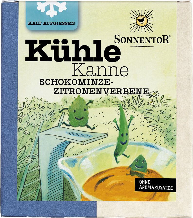 Verpackung von Sonnentor Tee. Aufschrift: Kühle Kanne Schokominze-Zitronenverbene. Illustration mit Pflanzen und Flüssigkeit.