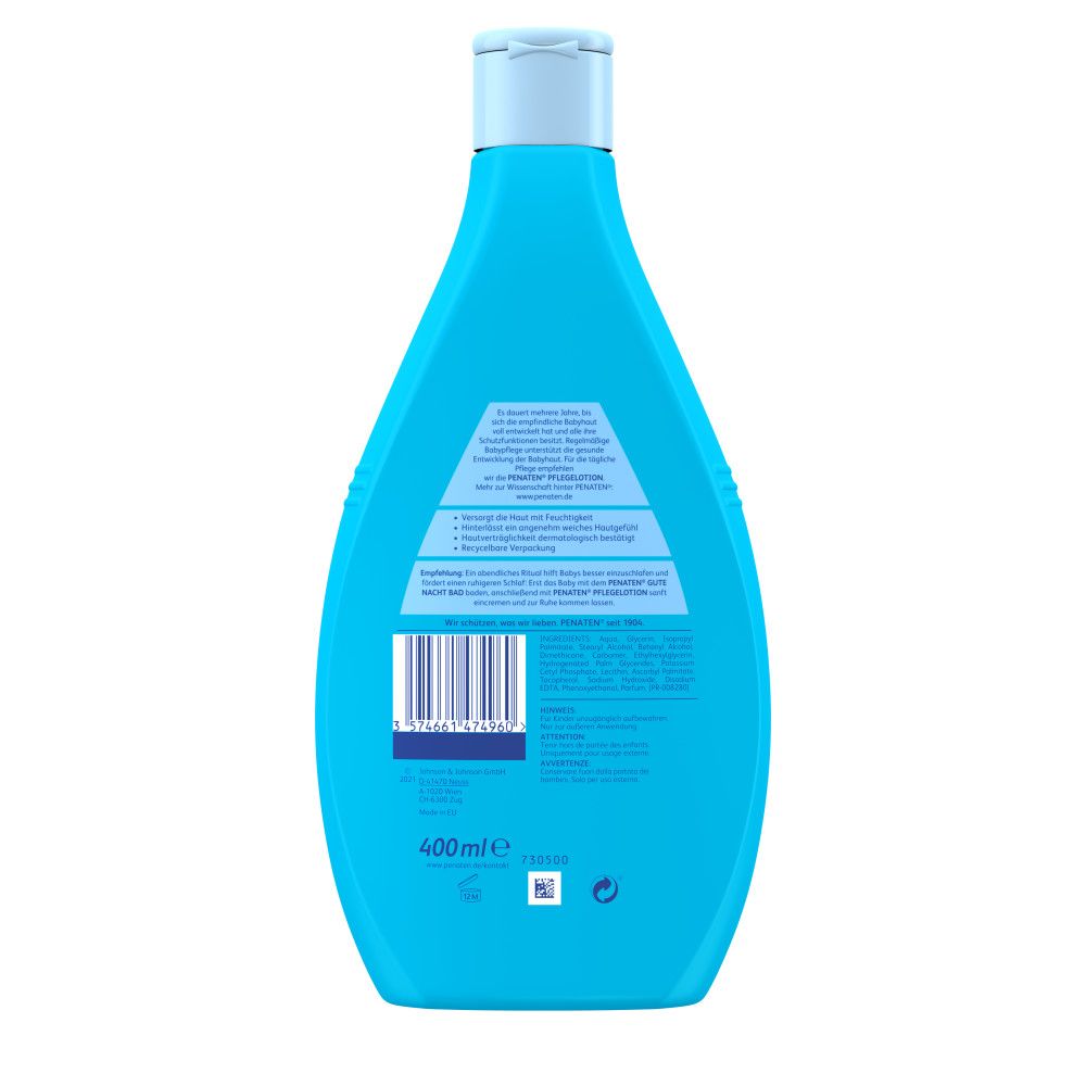 Rückseite der blauen Flasche PENATEN BABY Pflegelotion. Text: 400ml. Logo: PENATEN BABY.