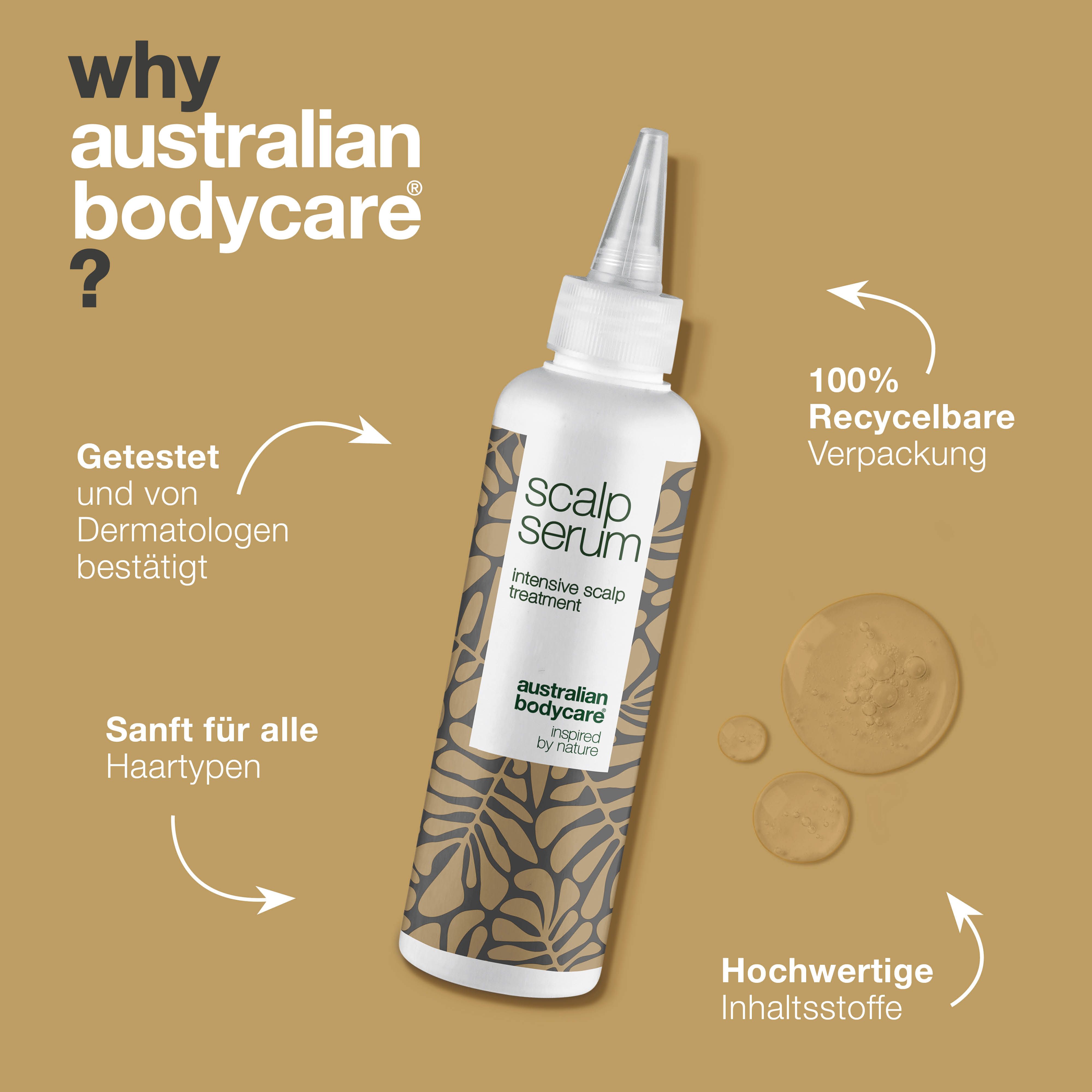 Kopfhautserum-Flasche. Text: Warum Australian Bodycare? Produktmerkmale.