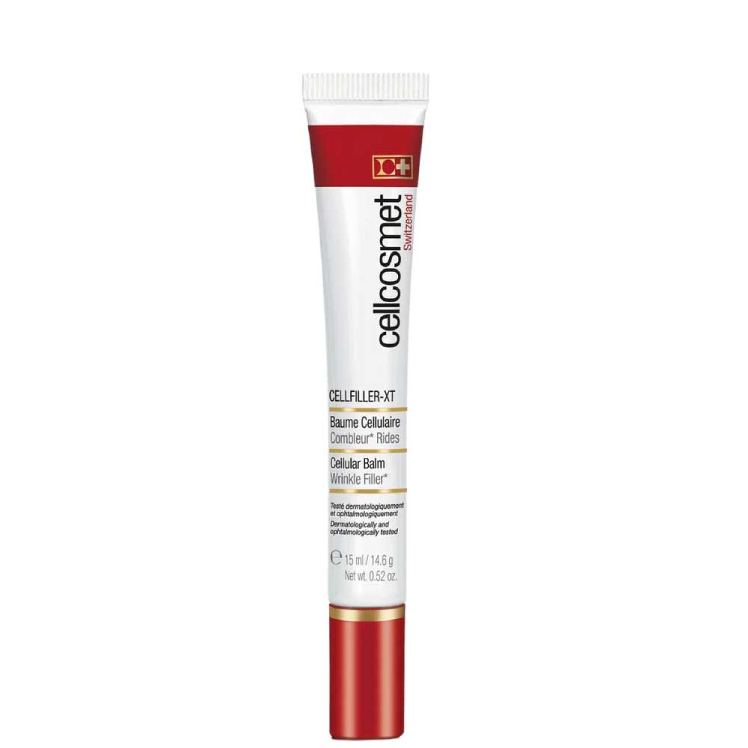 Tube rouge et blanc. Inscriptions: Cellcosmet, Cellfiller-XT, Cellular Balm Wrinkle Filler. Contenance: 15 ml.