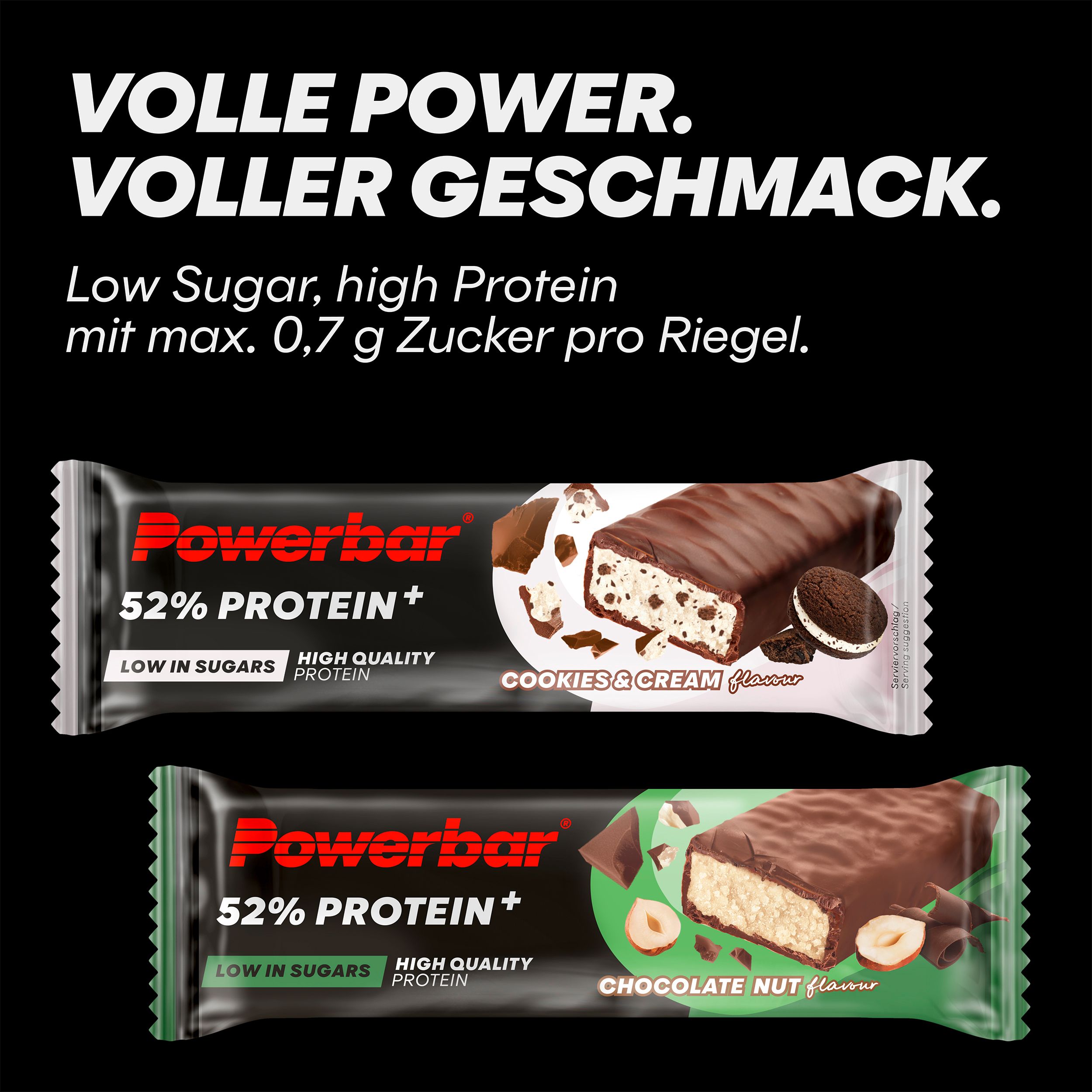 Zwei Powerbar Protein+ Riegel, Cookies & Cream und Chocolate Nut. Text: Low Sugar, high Protein. Aufschrift: 52% Protein+, Low in Sugars.