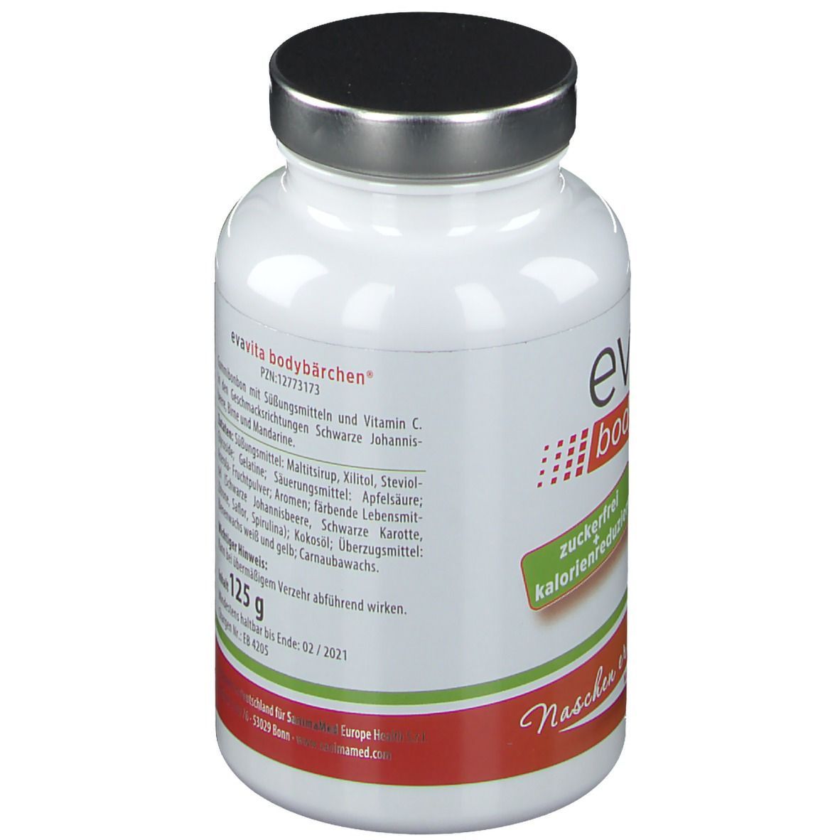 Flacon blanc avec couvercle noir. Inscription : evavita bodybärchen, sans sucre, réduit en calories. Ours avec mètre ruban.