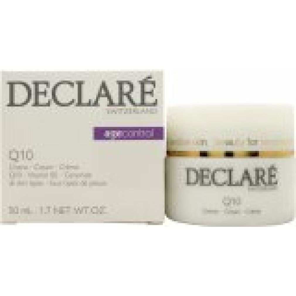 Creme-Glas und Karton. Aufschrift: DECLARÉ SWITZERLAND, Q10, age control. Karton: 30 ml, 1.7 NET WT OZ.