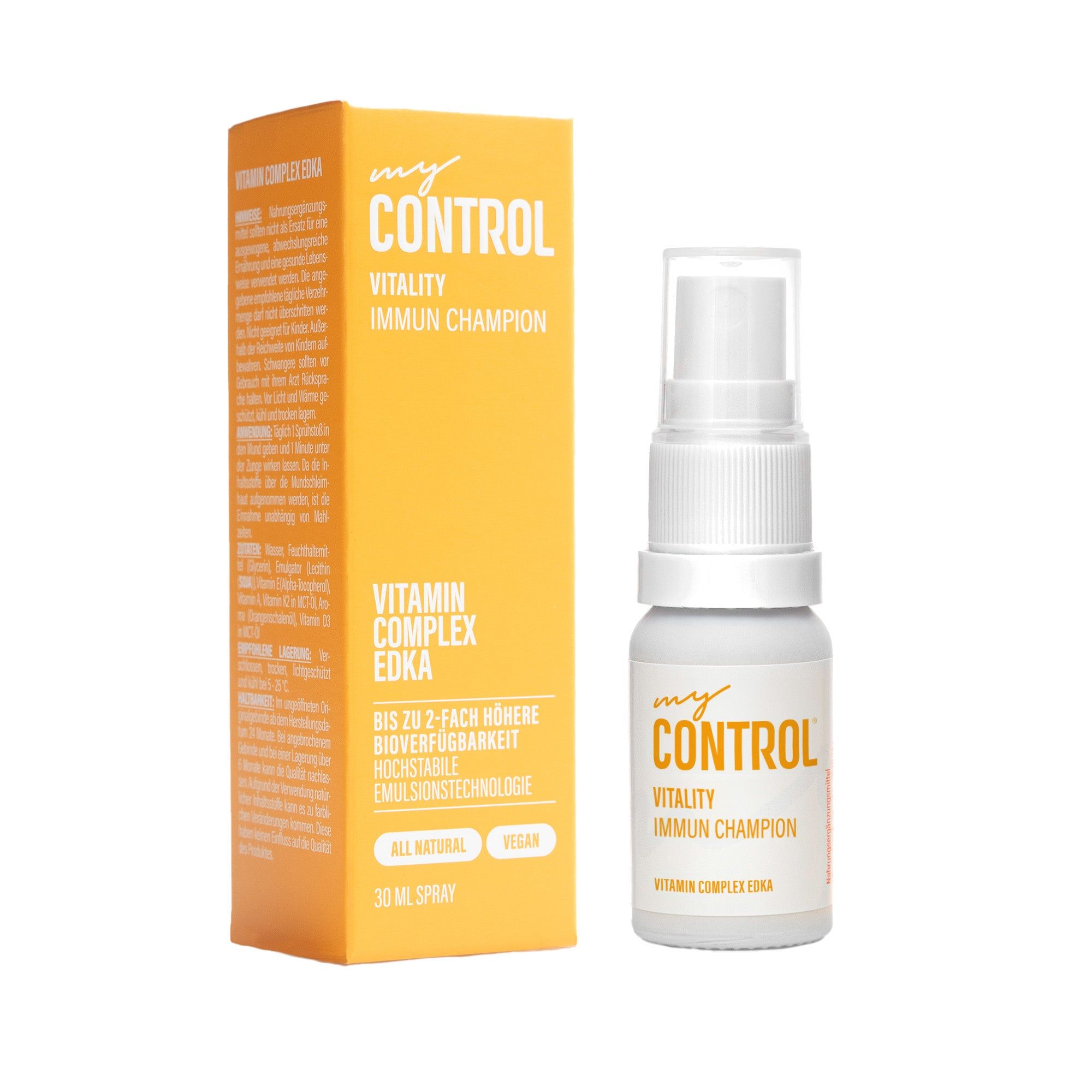 Weiße Sprühflasche und gelbe Verpackung. Aufschrift: my Control Vitality Immun Champion Vitamin Complex EDKA. Vegan.