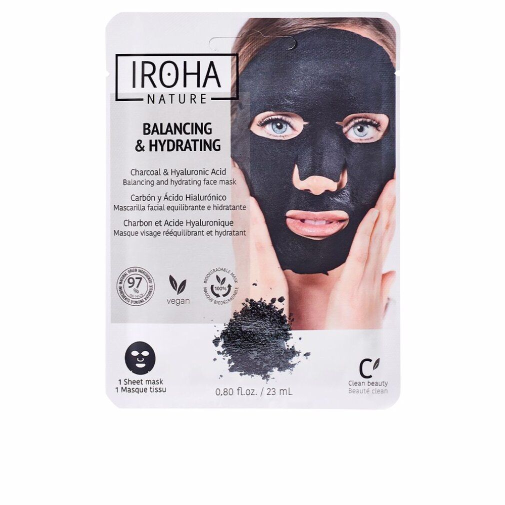 Gesichtsmaske mit Holzkohle und Hyaluronsäure. Verpackung mit Produktabbildung und Frau mit Maske. Vegan, 97% natürliche Inhaltsstoffe.