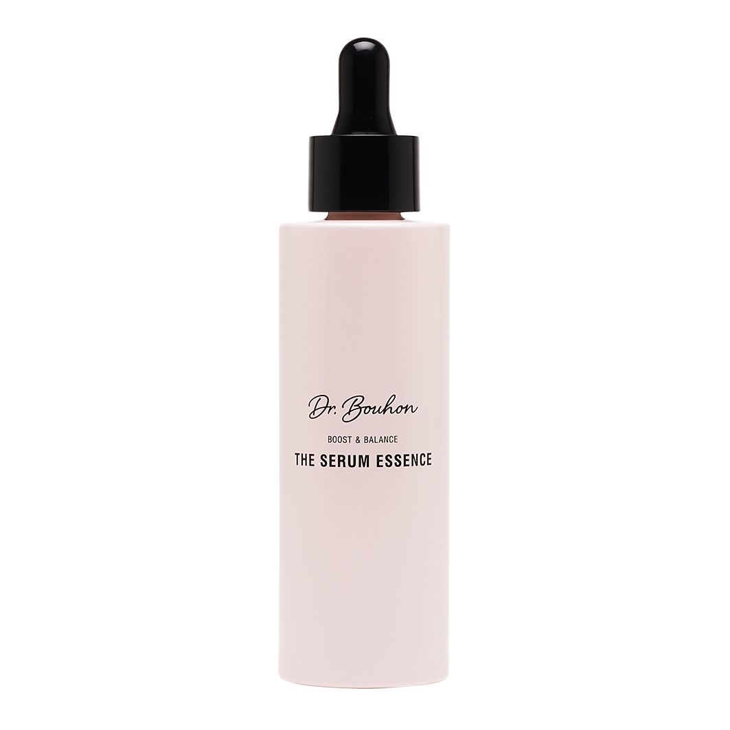 Rosa Flasche mit schwarzem Deckel und Pipette. Aufschrift: Dr. Bouhon, THE SERUM ESSENCE.