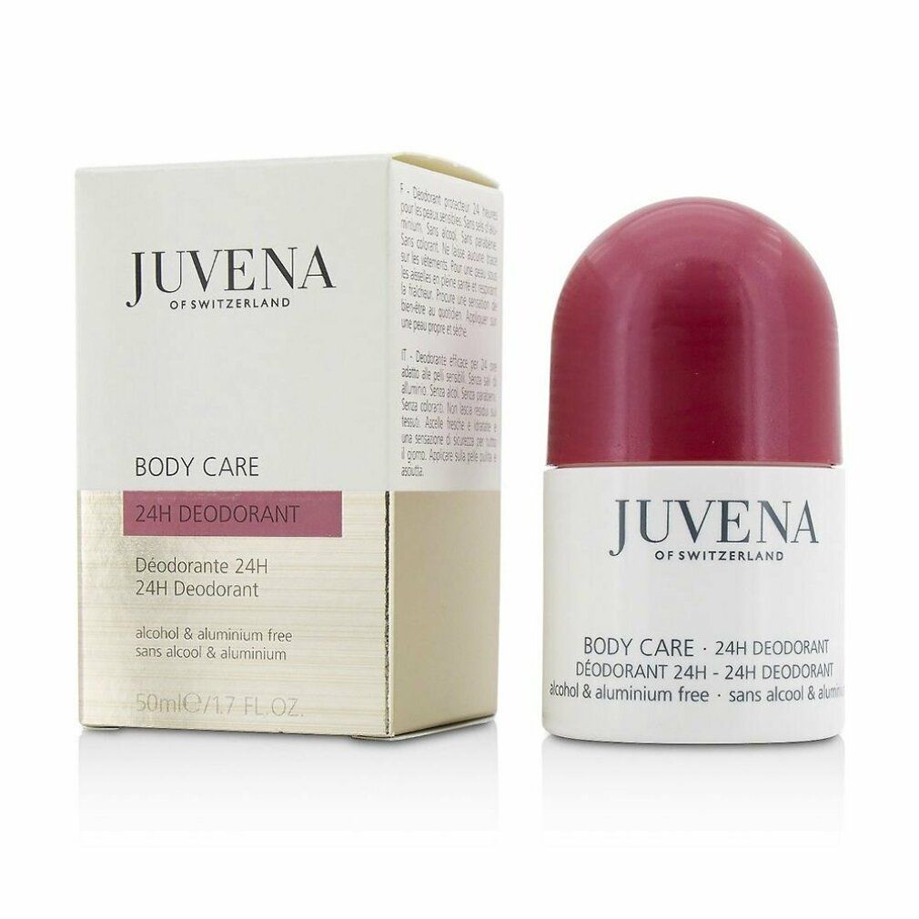 Roll-on-Deo und Verpackung. Aufschrift: Juvena, Body Care, 24h Deodorant. Verpackung: beige, Text. Ohne Alkohol & Aluminium.