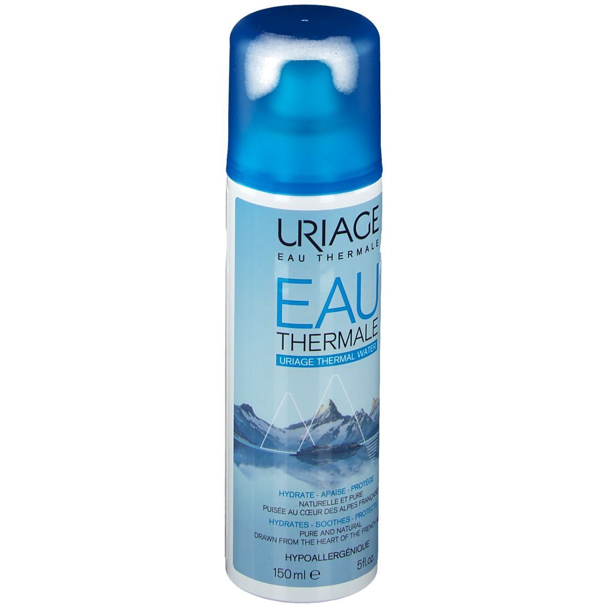 Spray Uriage Eau Thermale. Flacon bleu avec bouchon bleu. Nom du produit et montagnes. 150ml.