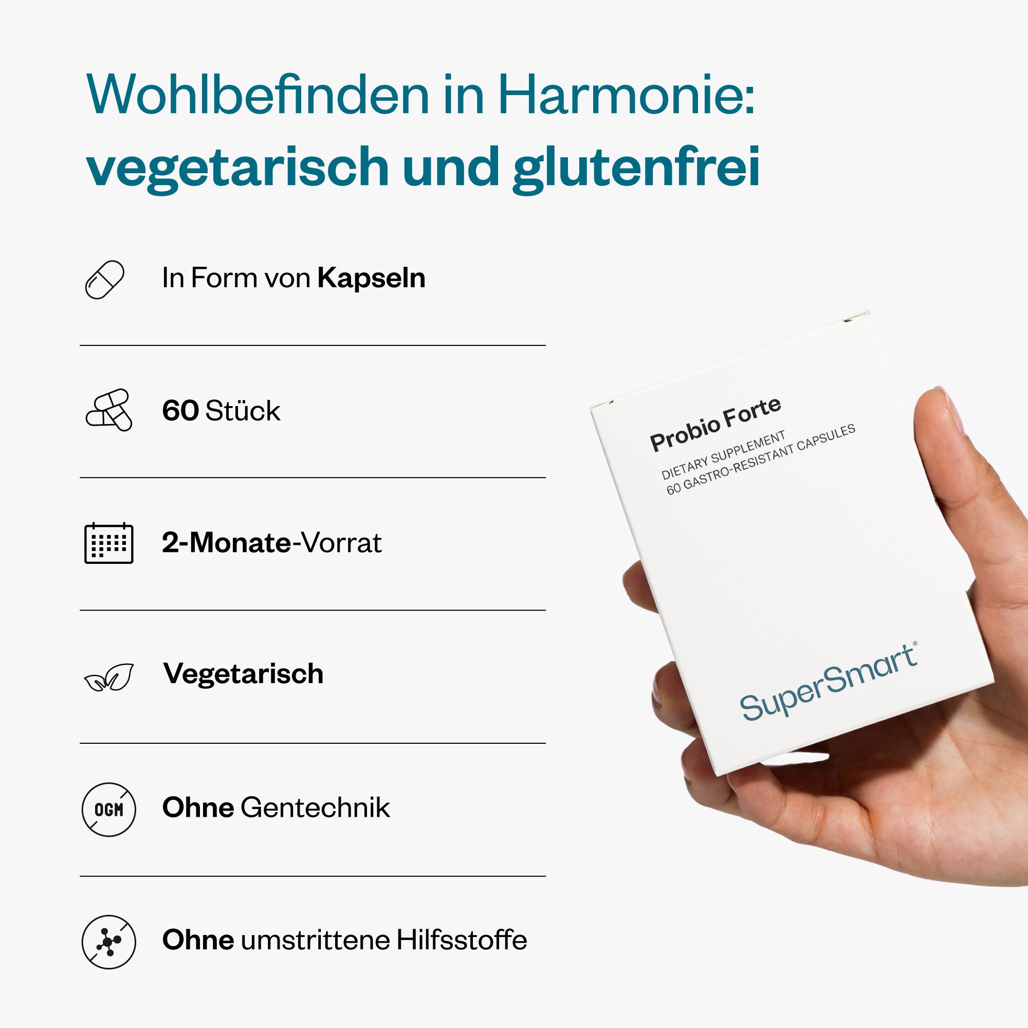 Werbebild mit "Probio Forte" und "SuperSmart" Schriftzug. Text über die Einnahme.