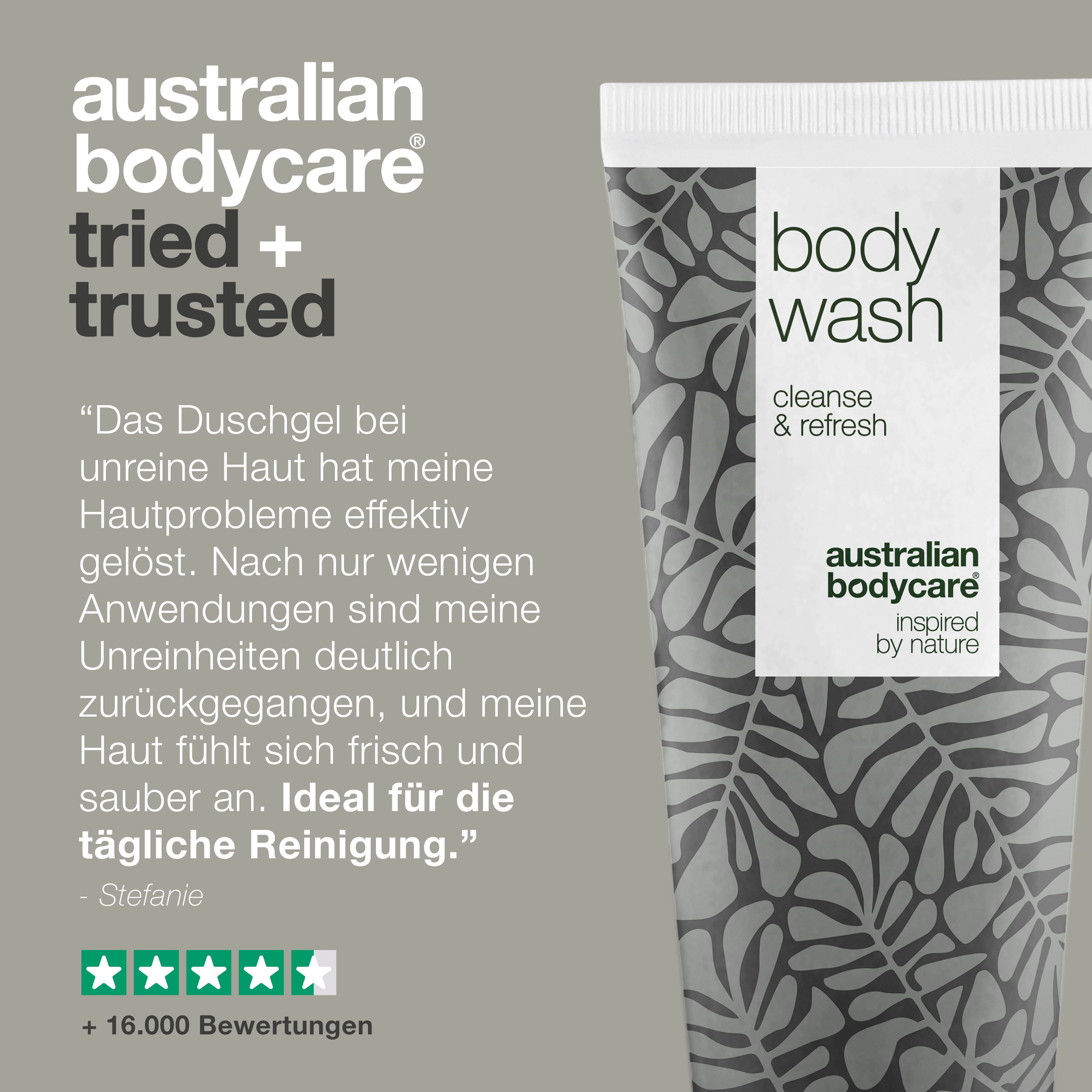 Tuben-Produkt mit „body wash“ Aufschrift. „Australian Bodycare“ Logo. Text über Hautprobleme.