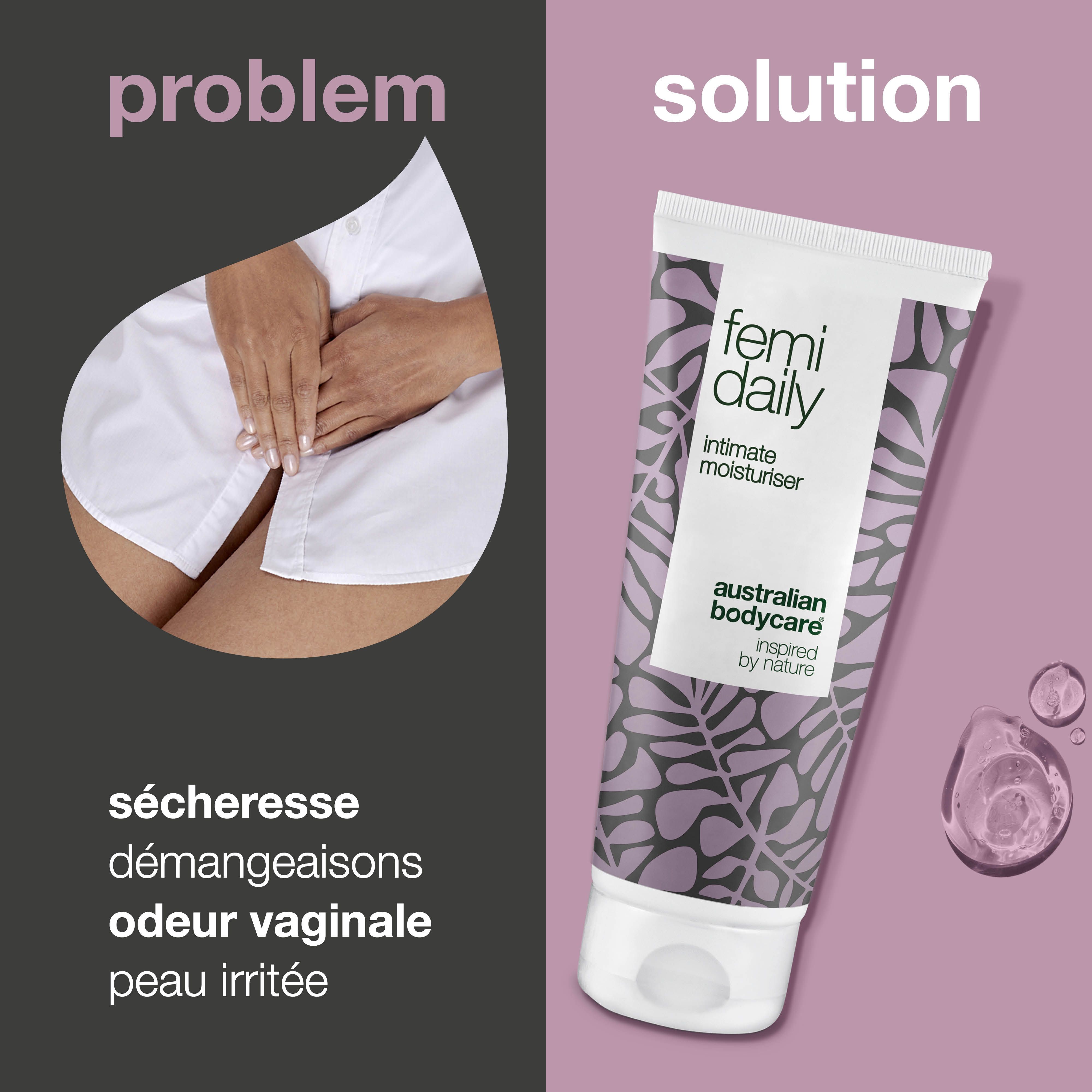 Comparaison : problème et solution. Gauche : problème. Droite : tube Femi Daily, Intimate Moisturiser, Australian Bodycare.