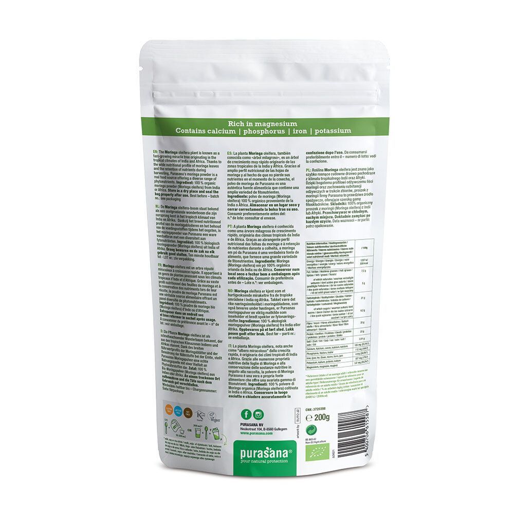 Rückseite der purasana® Moringa-Pulver-Verpackung. Enthält Informationen und Nährwertangaben.