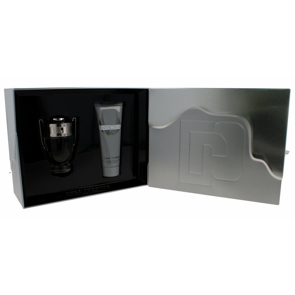 Coffret cadeau INVICTUS de Paco Rabanne. Comprend un flacon et un tube dans une boîte ouverte. Emballage argenté avec logo.
