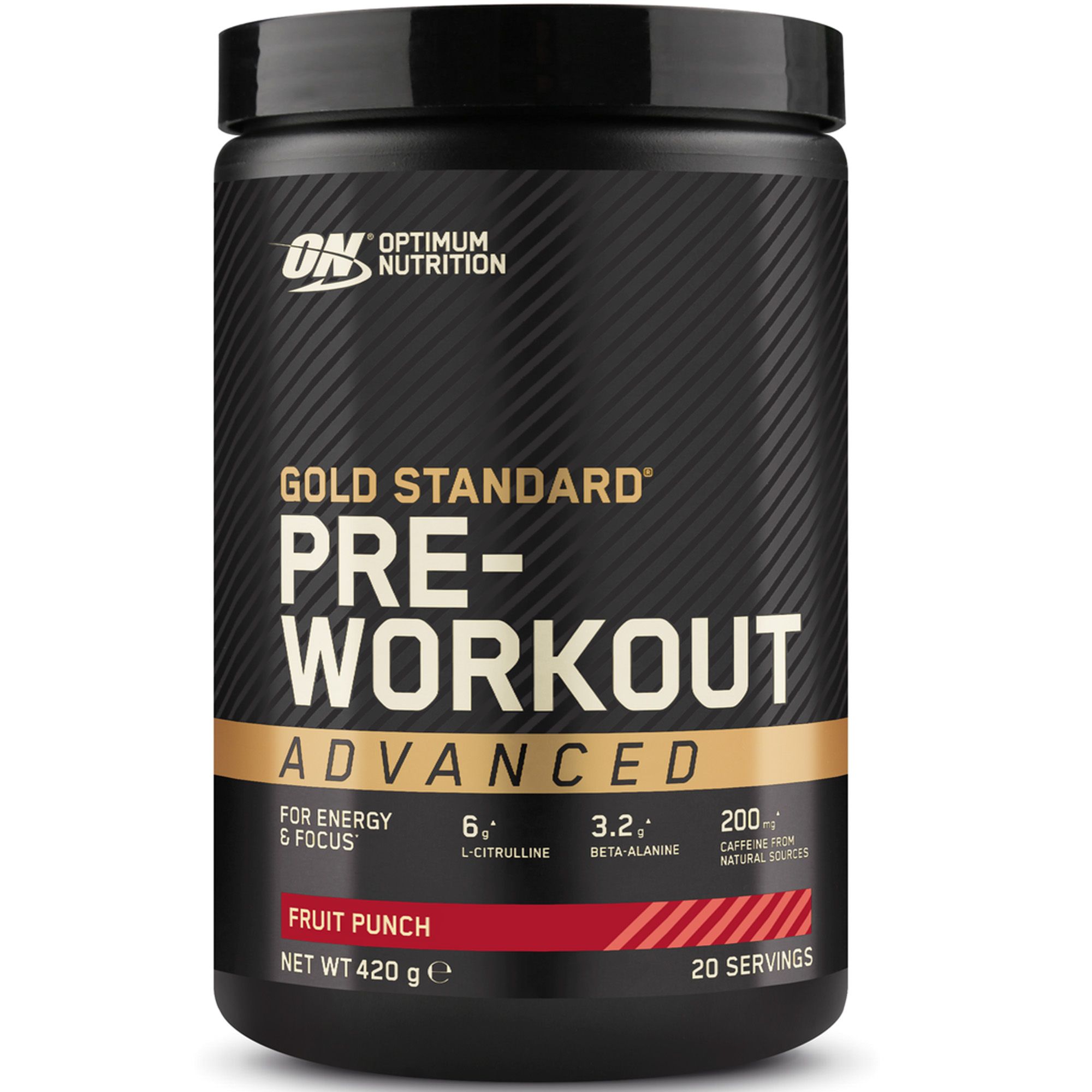 Schwarze Dose mit Deckel. Aufschrift: GOLD STANDARD PRE-WORKOUT ADVANCED, Fruit Punch. Enthält Koffein, L-Citrullin, Beta-Alanin.