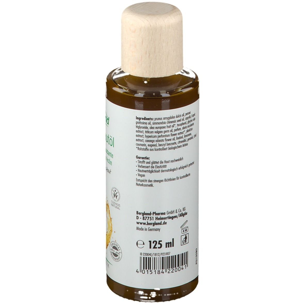 Flacon en verre brun avec bouchon en bois. Étiquette avec informations et ingrédients. 125 ml.