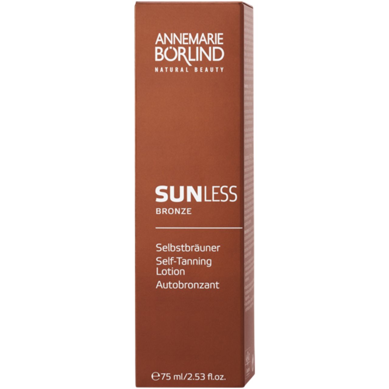 Braune Tube mit weißem Verschluss. Aufschrift: SUNLESS Bronze, Selbstbräuner. 75 ml.