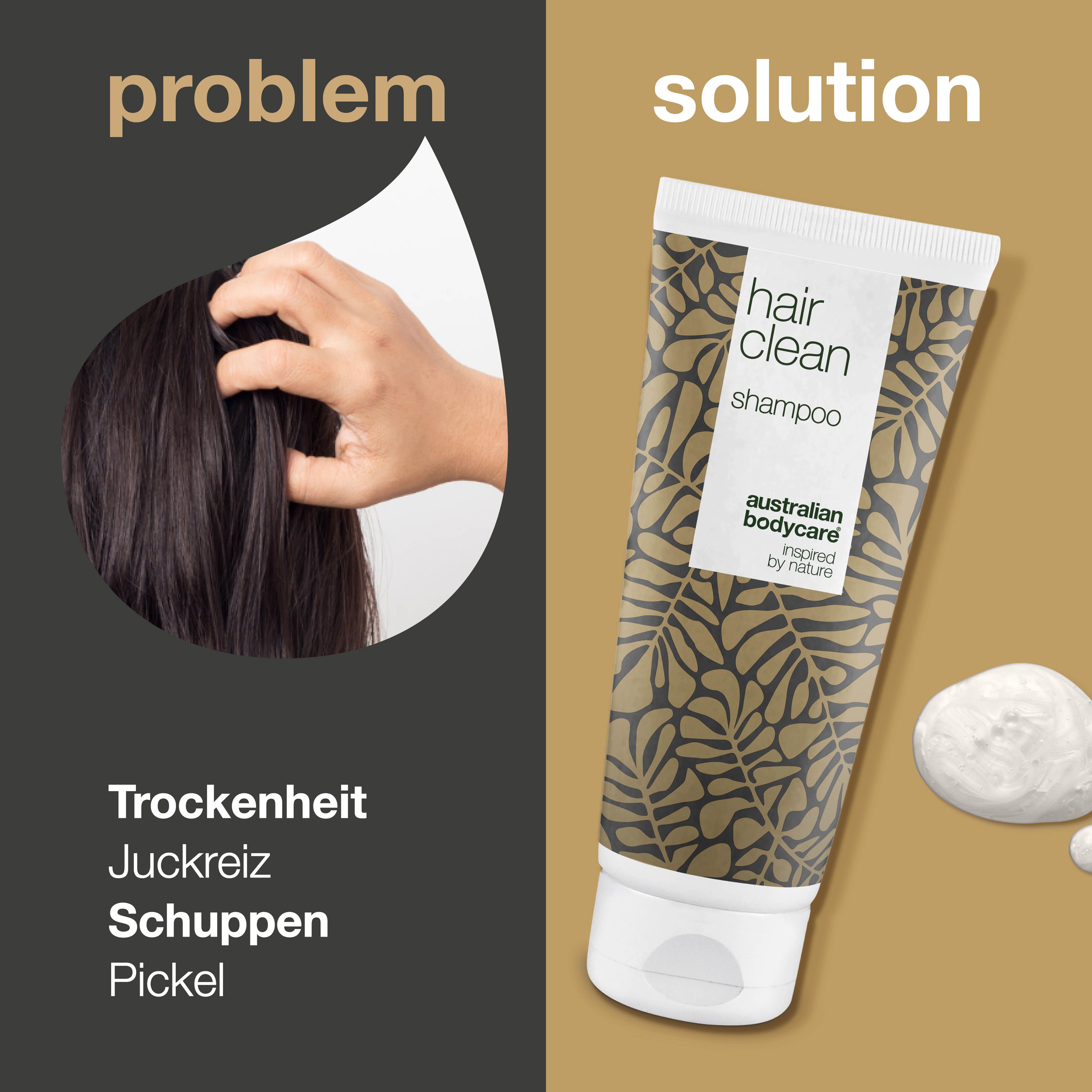 Vergleich von Kopfhaut und Shampoo-Tube. Schriftzug: hair clean, australian bodycare. Probleme: Trockenheit, Juckreiz.