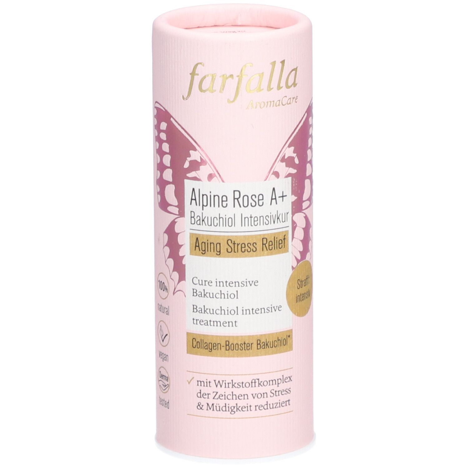 Rosa zylindrische Verpackung mit Produktnamen und Schmetterlingsdesign. Enthält "Alpine Rose A+" und "Aging Stress Relief".