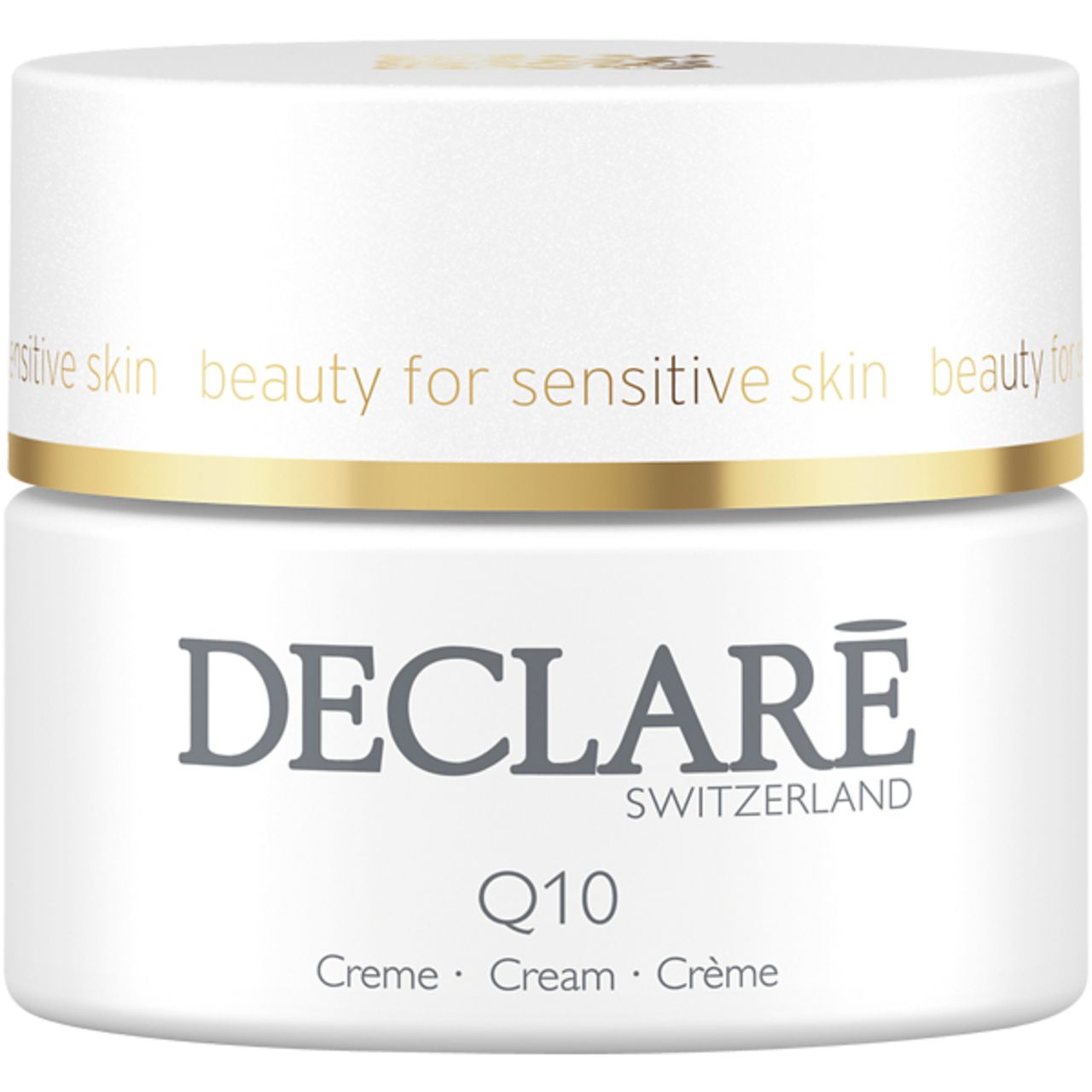 Weißes Creme-Glas mit goldfarbenem Deckel. Aufschrift: DECLARÉ SWITZERLAND, Q10, Creme. Text: beauty for sensitive skin.