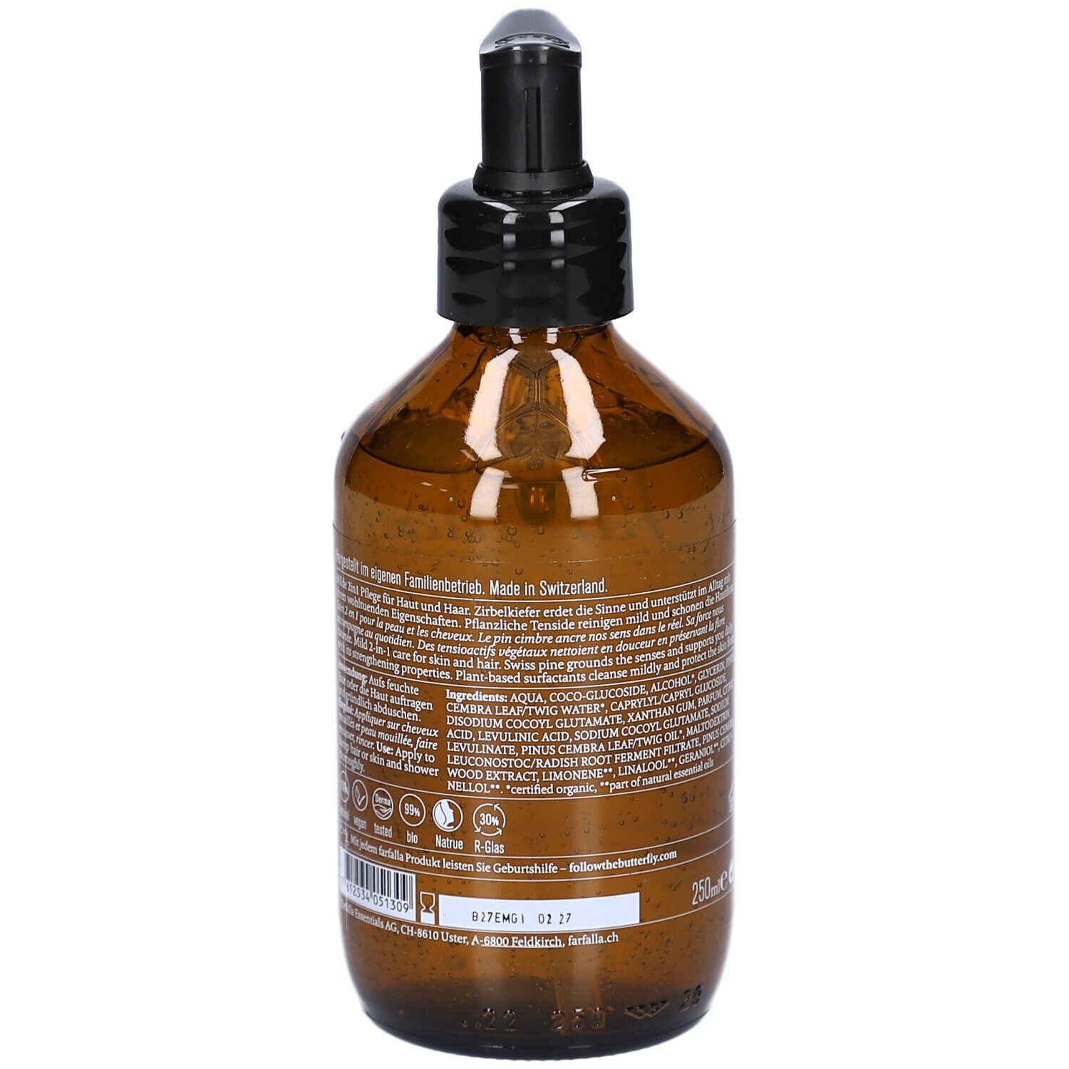 Braune Flasche mit schwarzem Pumpkopf. Rückseite mit Text und Inhaltsstoffen. Hergestellt in der Schweiz.