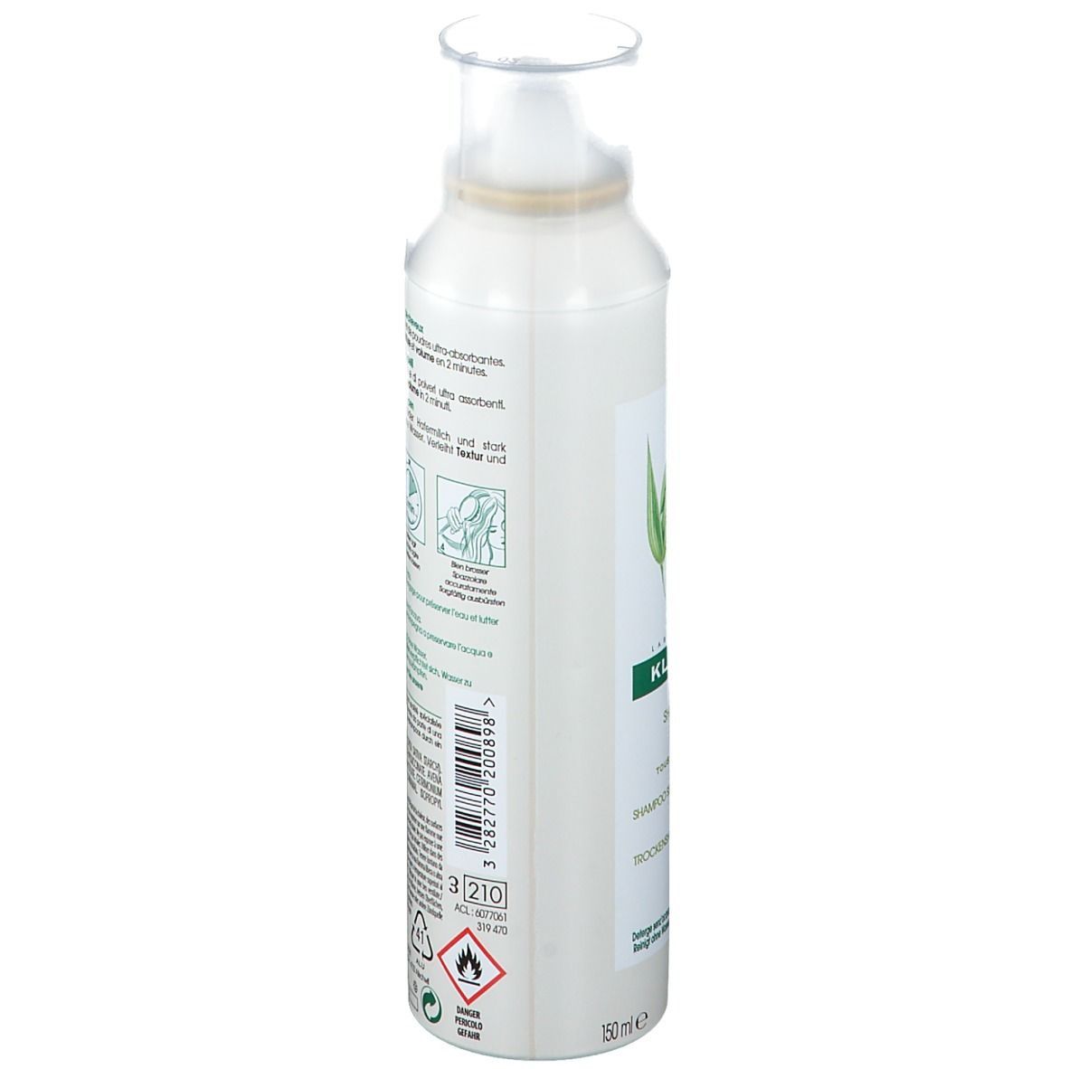 Spray blanc avec tête de pulvérisation. Étiquette avec texte et pictogrammes. 150ml. Avertissements.