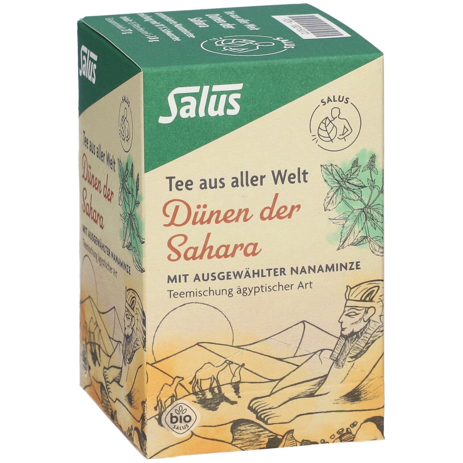 Boîte de thé Salus Dünen der Sahara. Face avant : logo, nom du produit, illustration désert et pharaon, label bio.