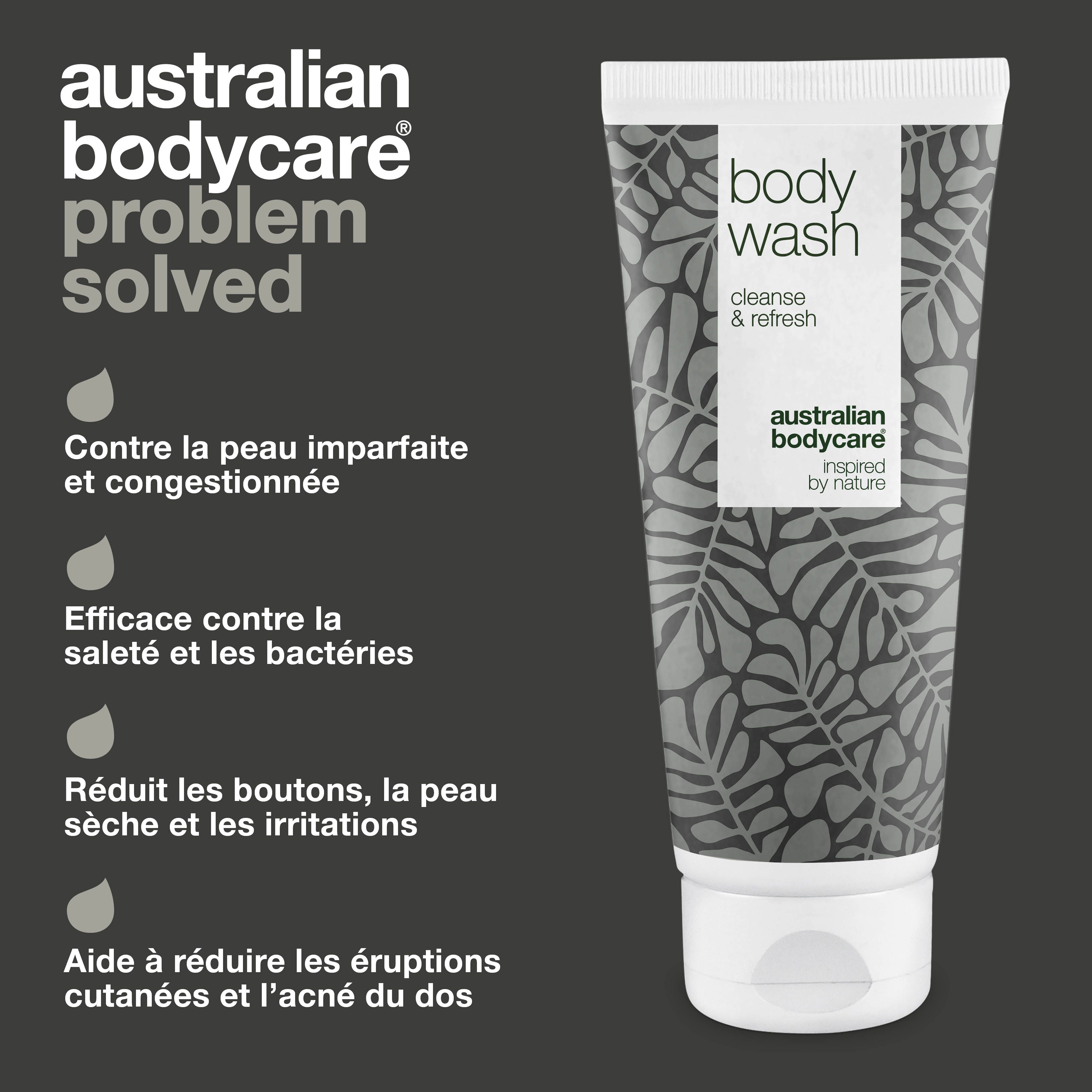 Tube avec « body wash ». Logo « Australian Bodycare ». Texte sur les problèmes de peau.
