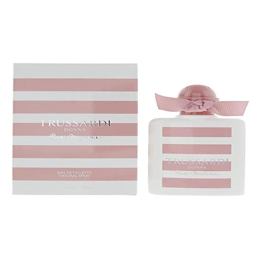 Flakon und Verpackung mit rosa Streifen. Aufschrift: Trussardi Donna Pink Marina. Mit Schleife.