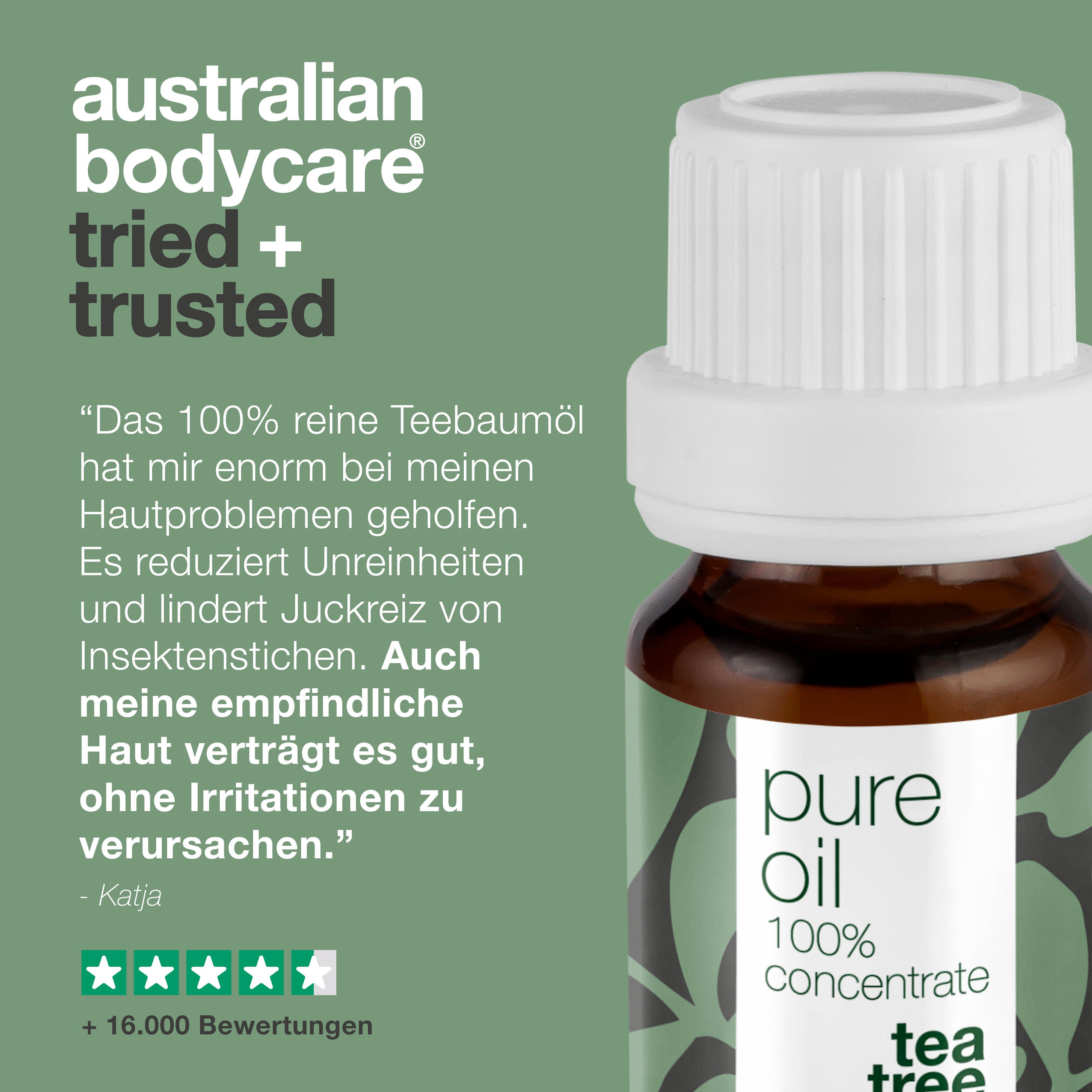 Braune Flasche mit weißem Deckel. Text: Pure Oil, 100% concentrate, Tea Tree Oil, Australian Bodycare. Text und Pfeile.