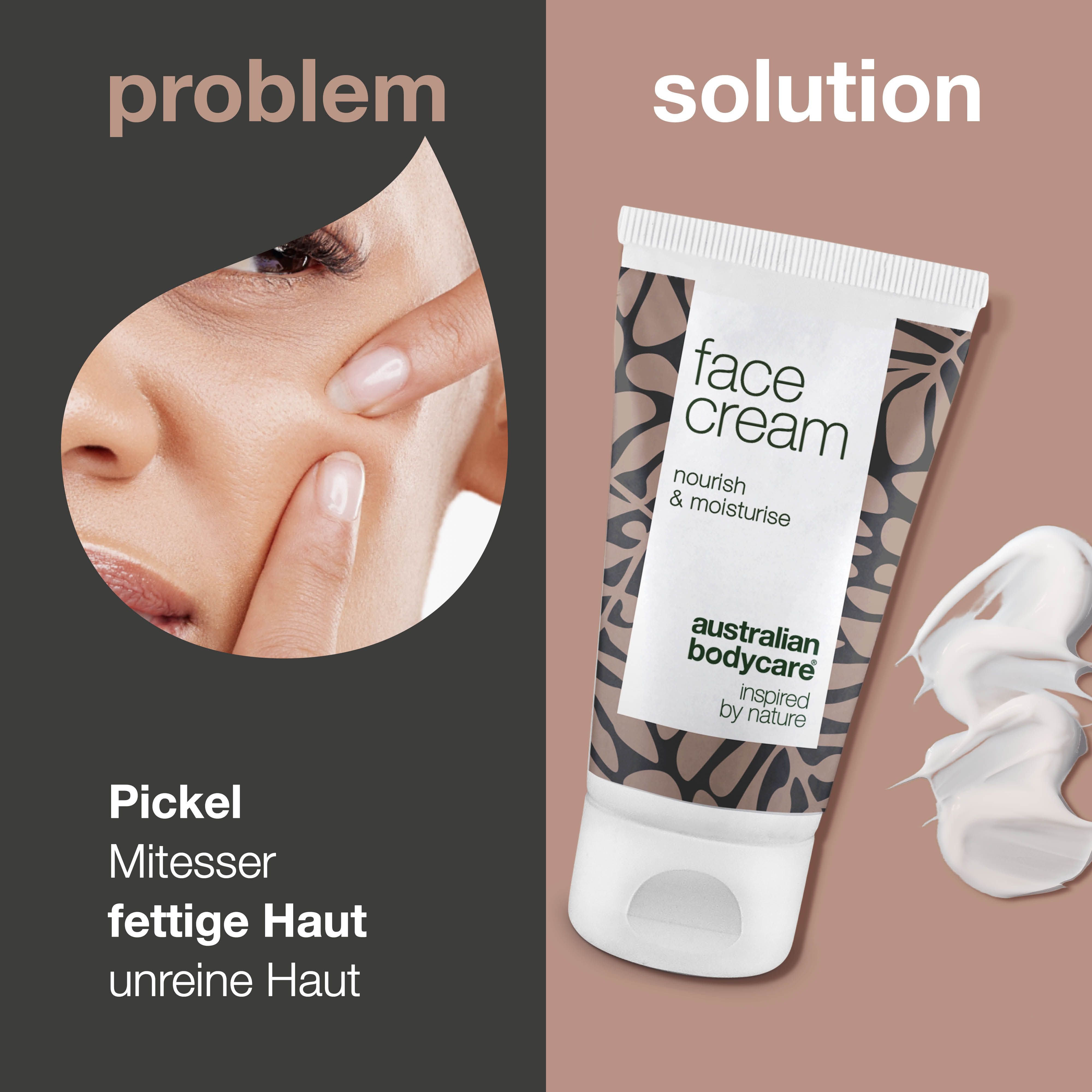 Gesicht mit Hautunreinheiten. Daneben Tube Face Cream. Aufschrift: Australian Bodycare. Problem/Lösung.