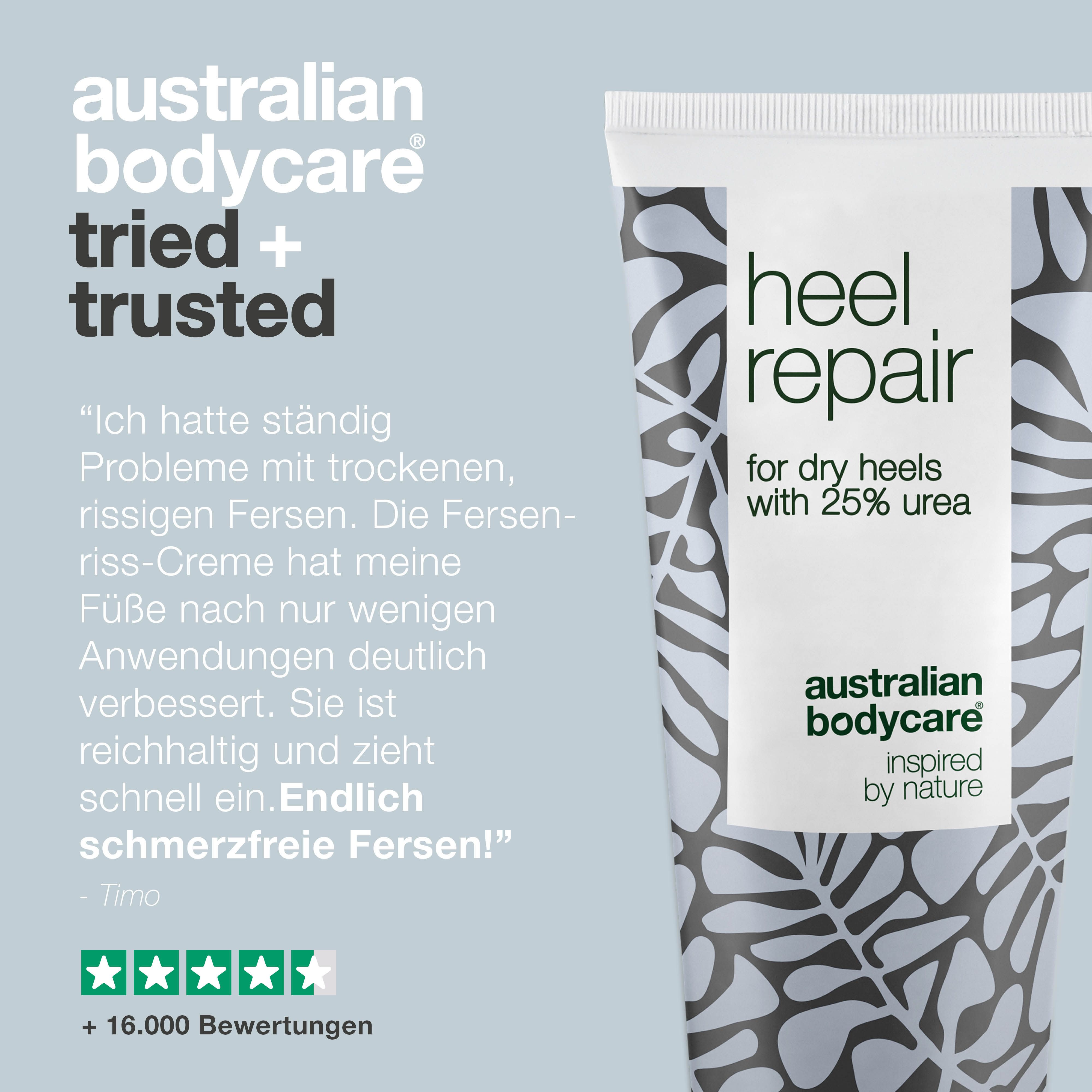 Creme-Tube: Heel Repair, für trockene Fersen, 25% Urea. Marke: Australian Bodycare. Text: Tried + Trusted. Sterne-Bewertung.
