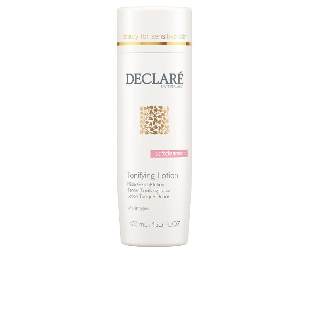 Weiße Flasche DECLARÉ Toning Lotion. Aufschrift: Soft Cleansing, Toning Lotion. 400ml. Für alle Hauttypen.
