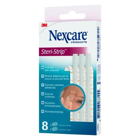 Verpackung mit Nexcare Steri-Strip Wundverschlussstreifen. Enthält 8 Streifen. Aufmachung mit Produktnamen und Anwendungshinweisen.