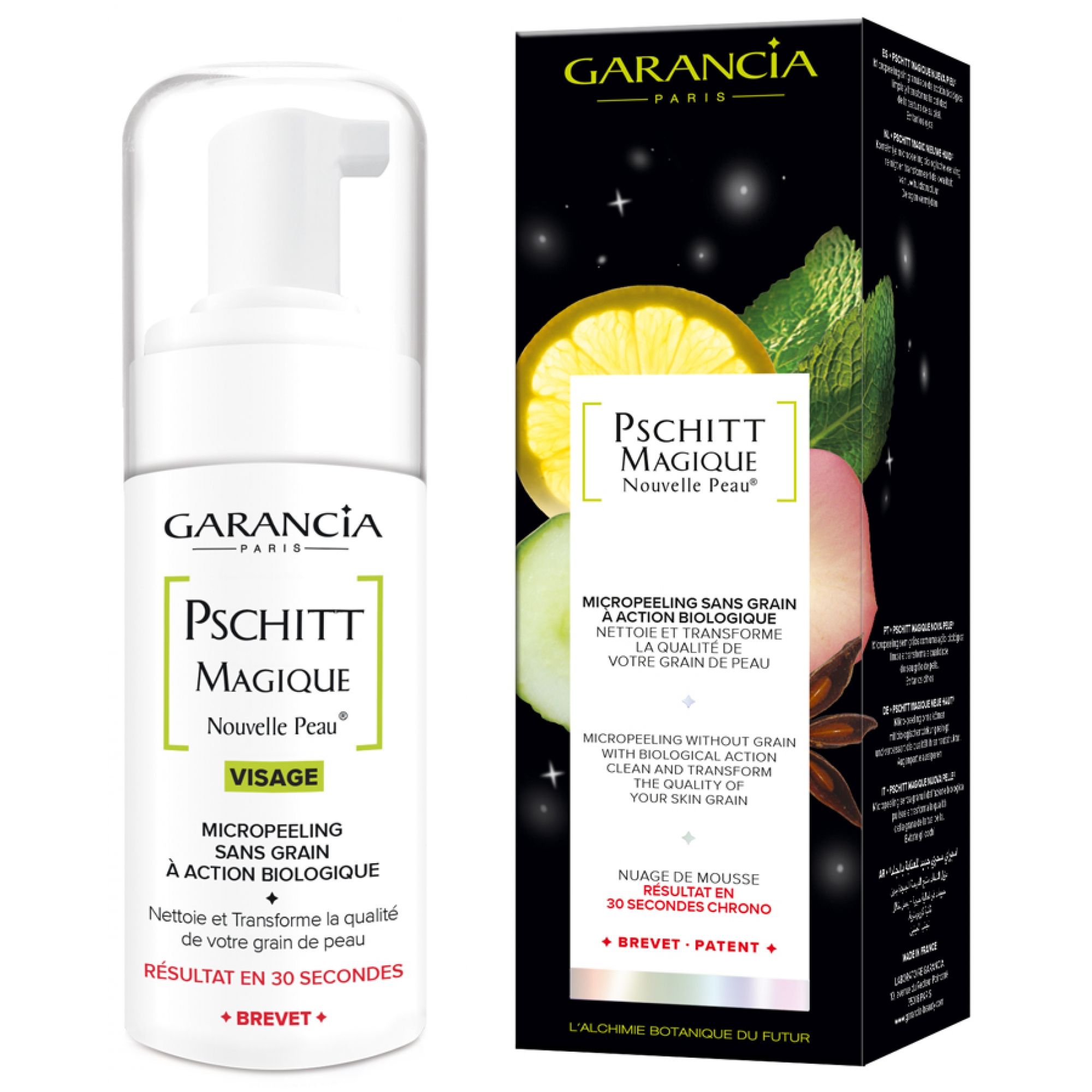GARANCIA Pschitt Magique Nouvelle Peau Flakon und Verpackung mit Zitronen- und Minzabbildungen.