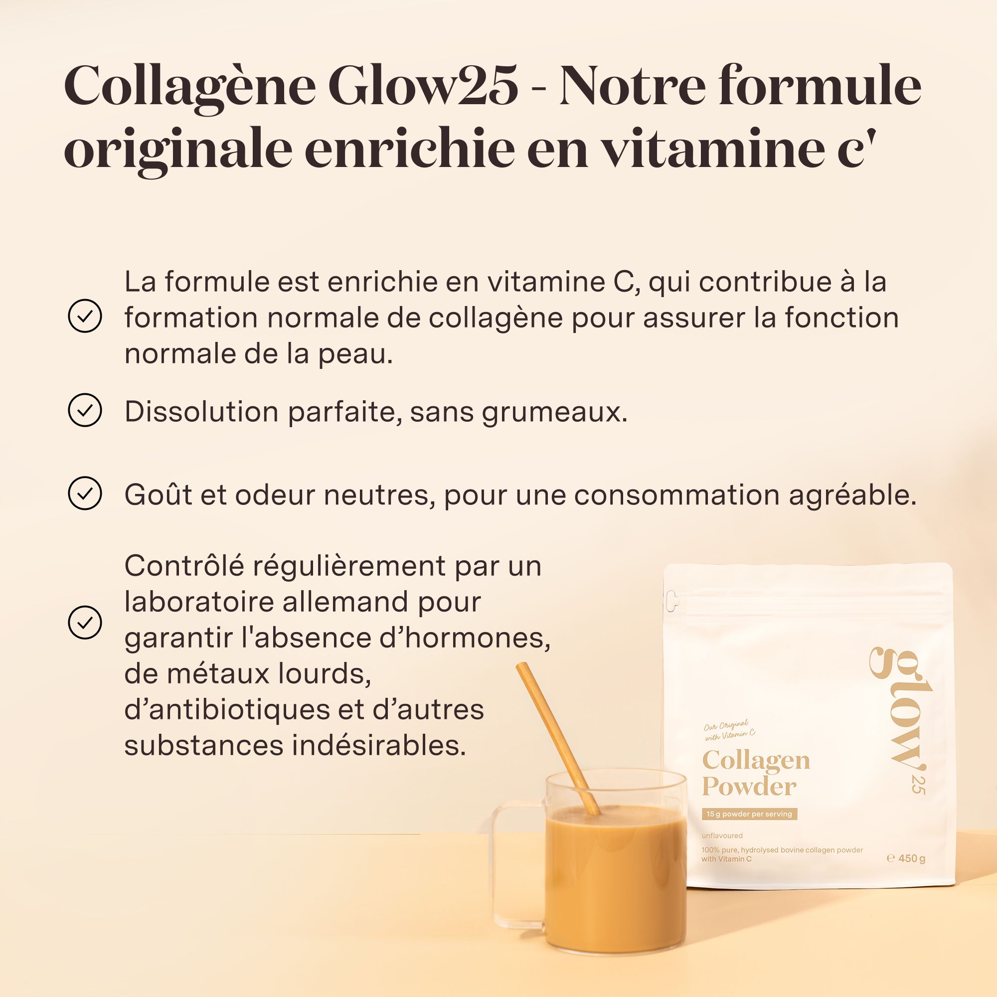 Text mit Informationen zu Glow25 Collagen. Inhaltsstoffe, Vorteile und Qualitätsmerkmale.