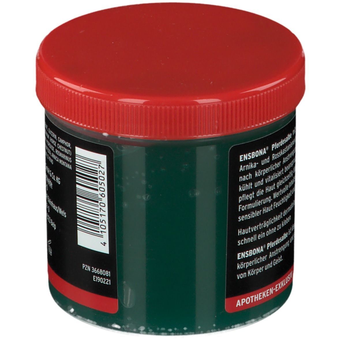 Pot de pommade pour chevaux Ensbona, couvercle rouge, pot vert. Dos avec informations produit et texte: Exclusivité pharmacie.