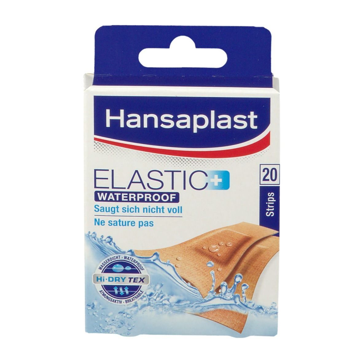 Hansaplast Elastic+ waterproof Verpackung. 20 Strips. Wasserdicht. Produktname und Logo. Blau-weiße Verpackung.