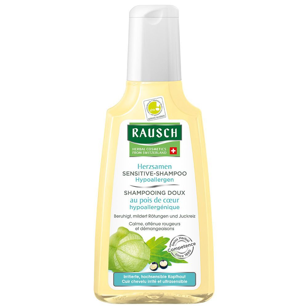 Flacon jaune avec bouchon blanc. Inscription: RAUSCH Herzsamen Sensitive-Shampoo. Avec logo et illustration.