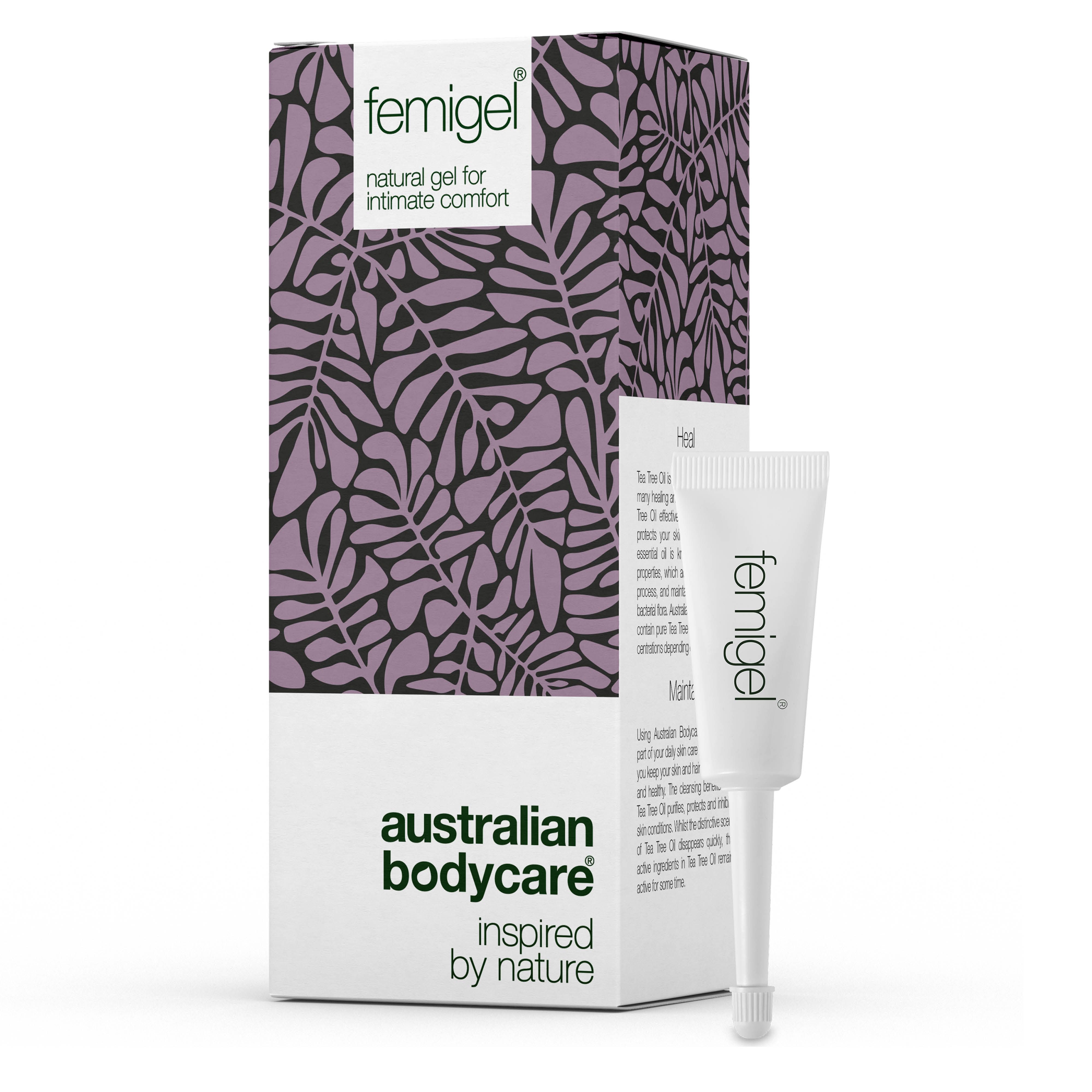 Tube et emballage Femigel. Emballage avec motif de feuilles. Tube avec applicateur. Texte : Australian Bodycare, Femigel.