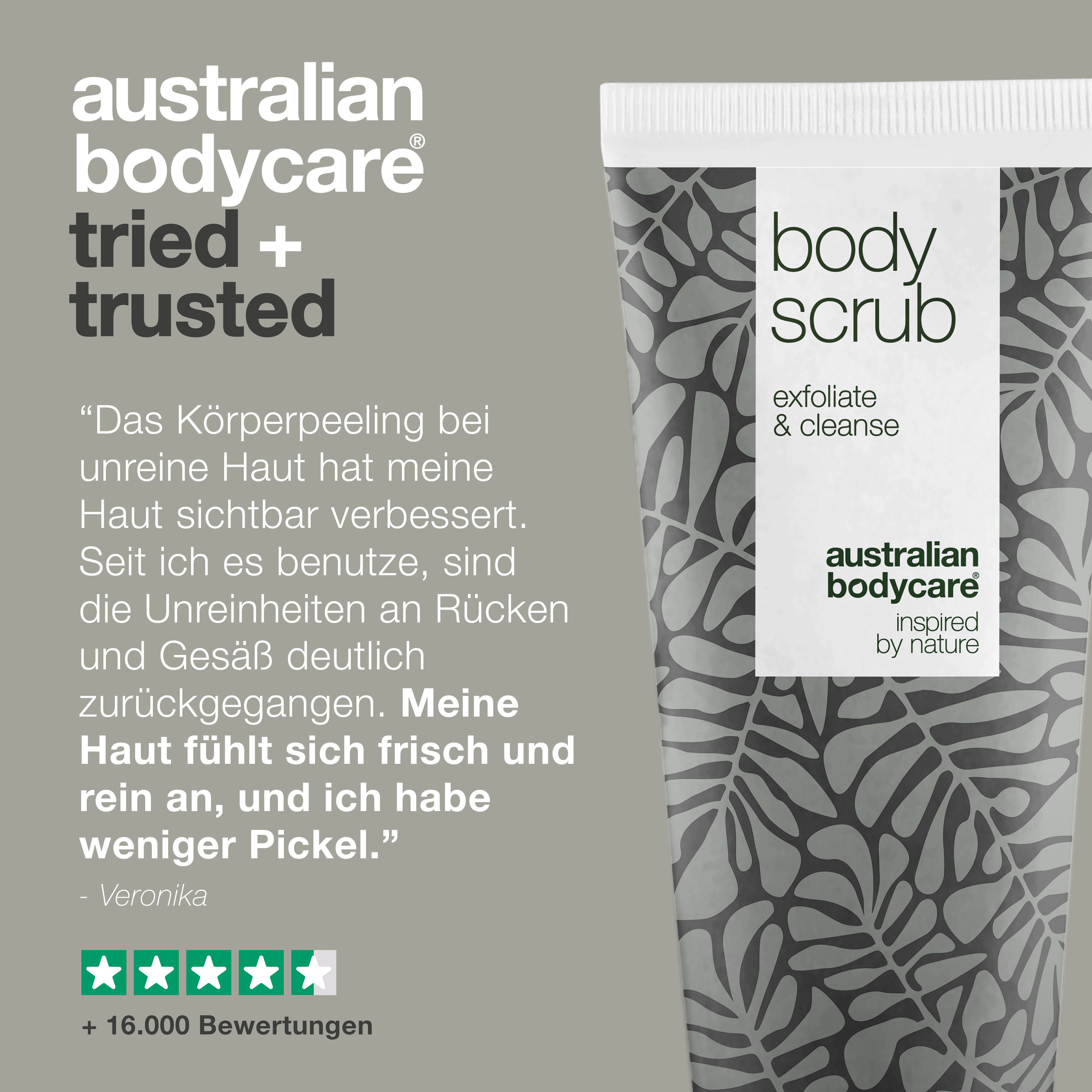 Tube Body Scrub. Text: Australian Bodycare, Body Scrub, Exfoliate & cleanse. Text: + 16.000 Bewertungen.