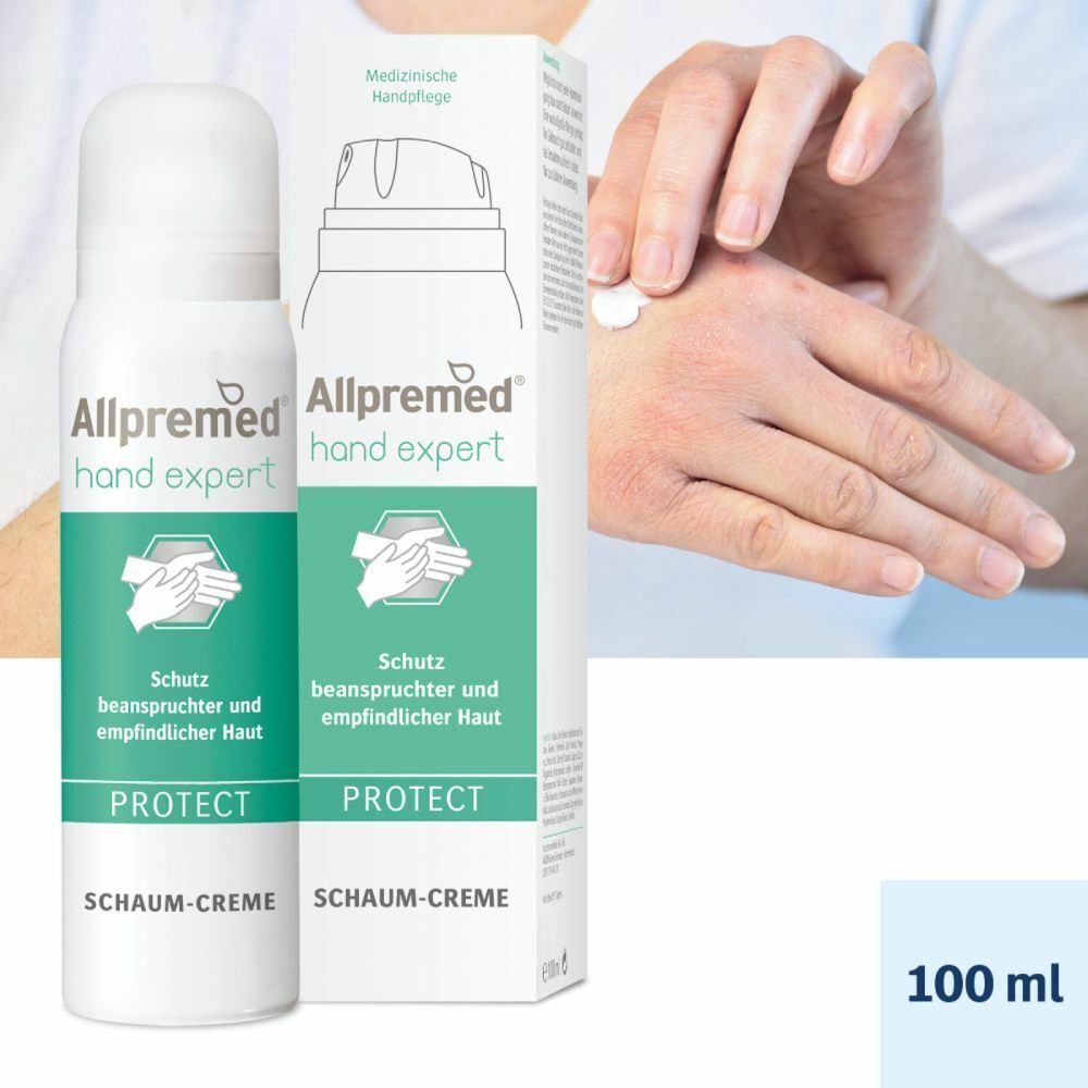 Allpremed® hand expert Schaum-Creme PROTECT. Weiße Sprühflasche und Verpackung. Text: Schutz beanspruchter und empfindlicher Haut. 100 ml.