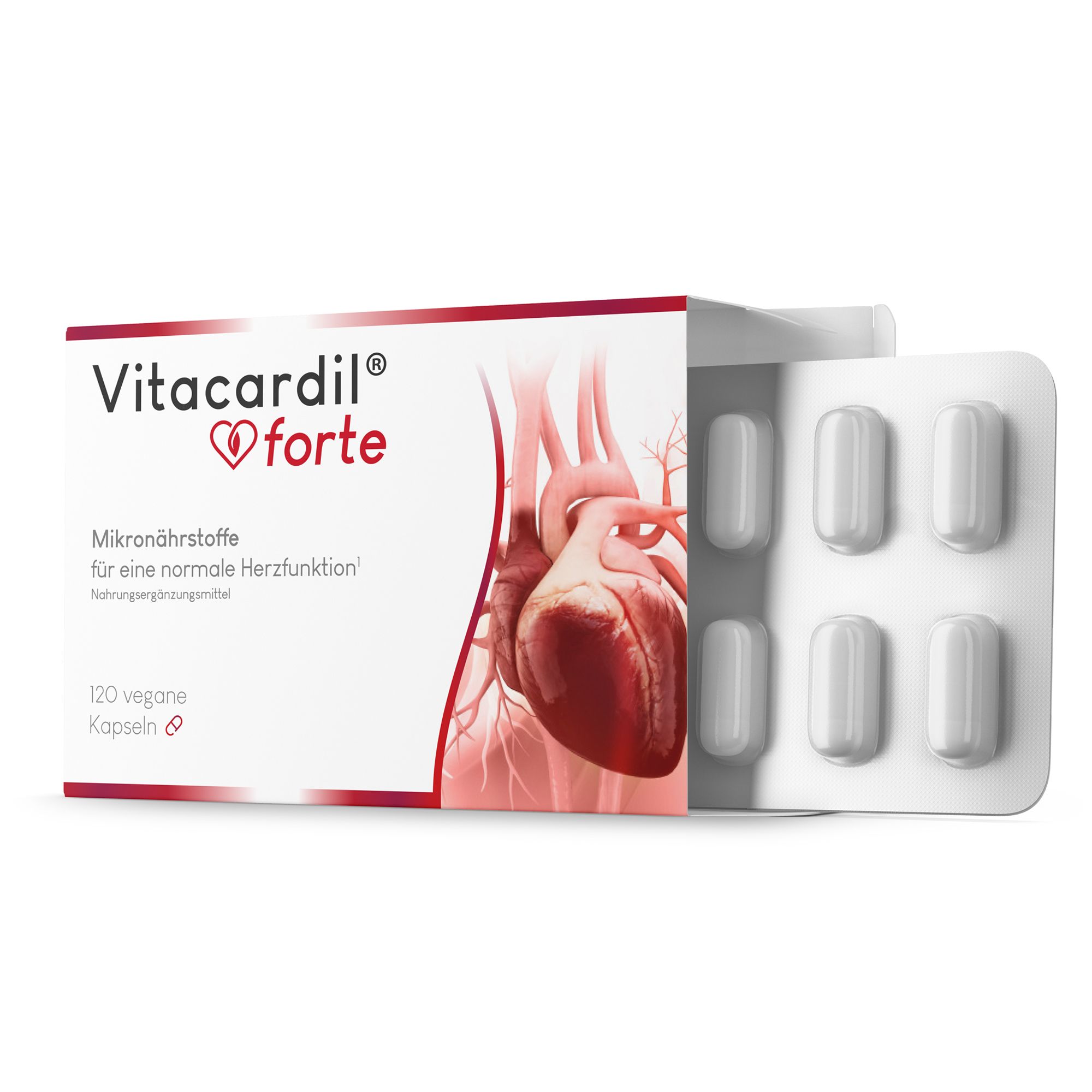 Un emballage de Vitacardil® forte avec un blister ouvert. Des gélules sont visibles. Le nom du produit et une image d'un cœur sont sur l'emballage.