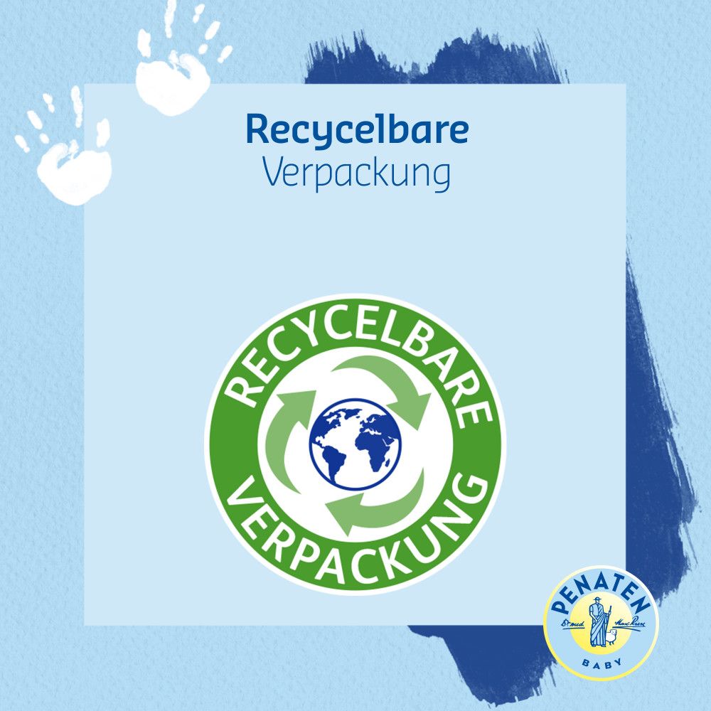 Kreis mit Recycling-Symbol. Text: Recycelbare Verpackung. Logo: PENATEN BABY.