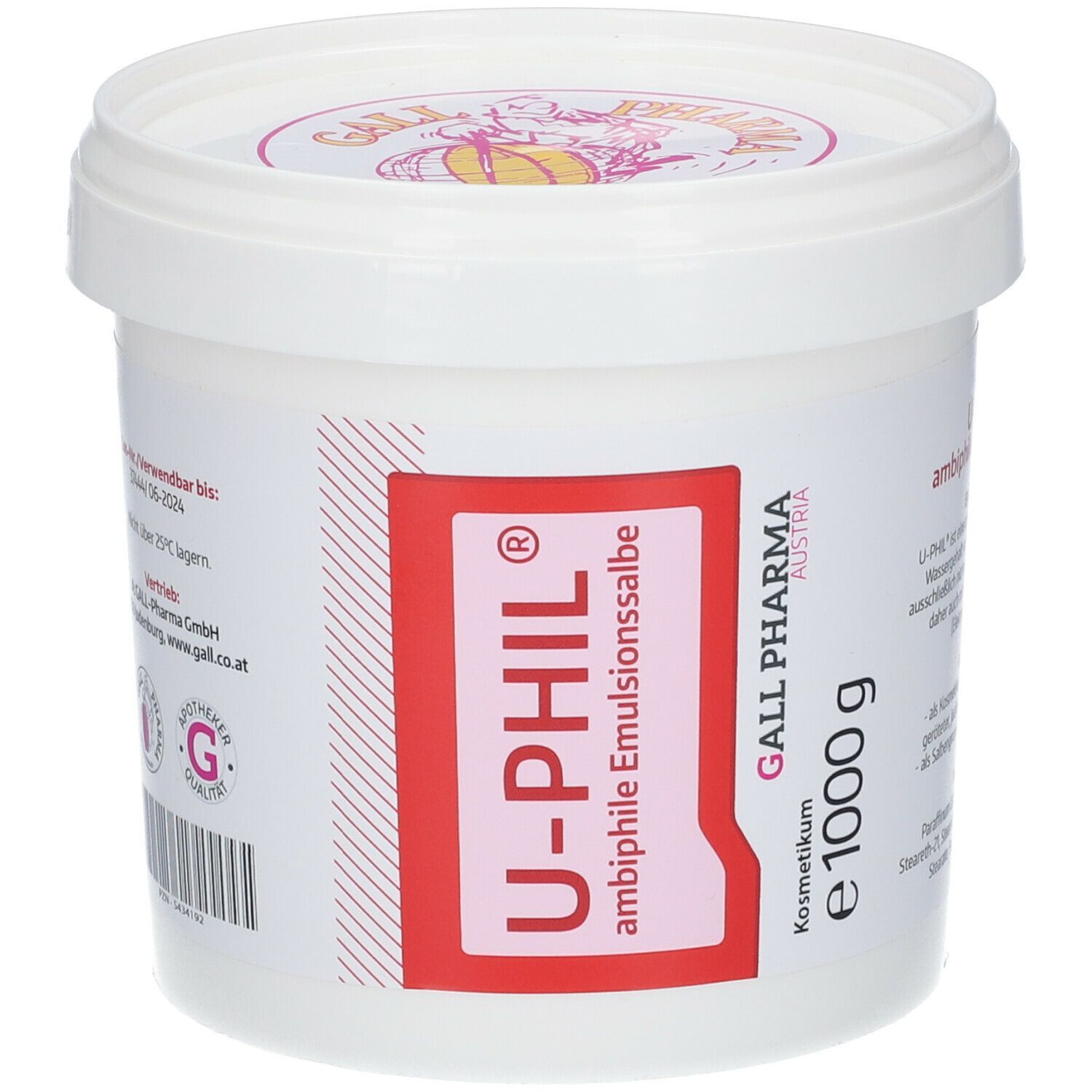 Weißer Tiegel mit Deckel. Rotes Etikett mit "U-PHIL® ambiphile Emulsionssalbe" und "e 1000 g".